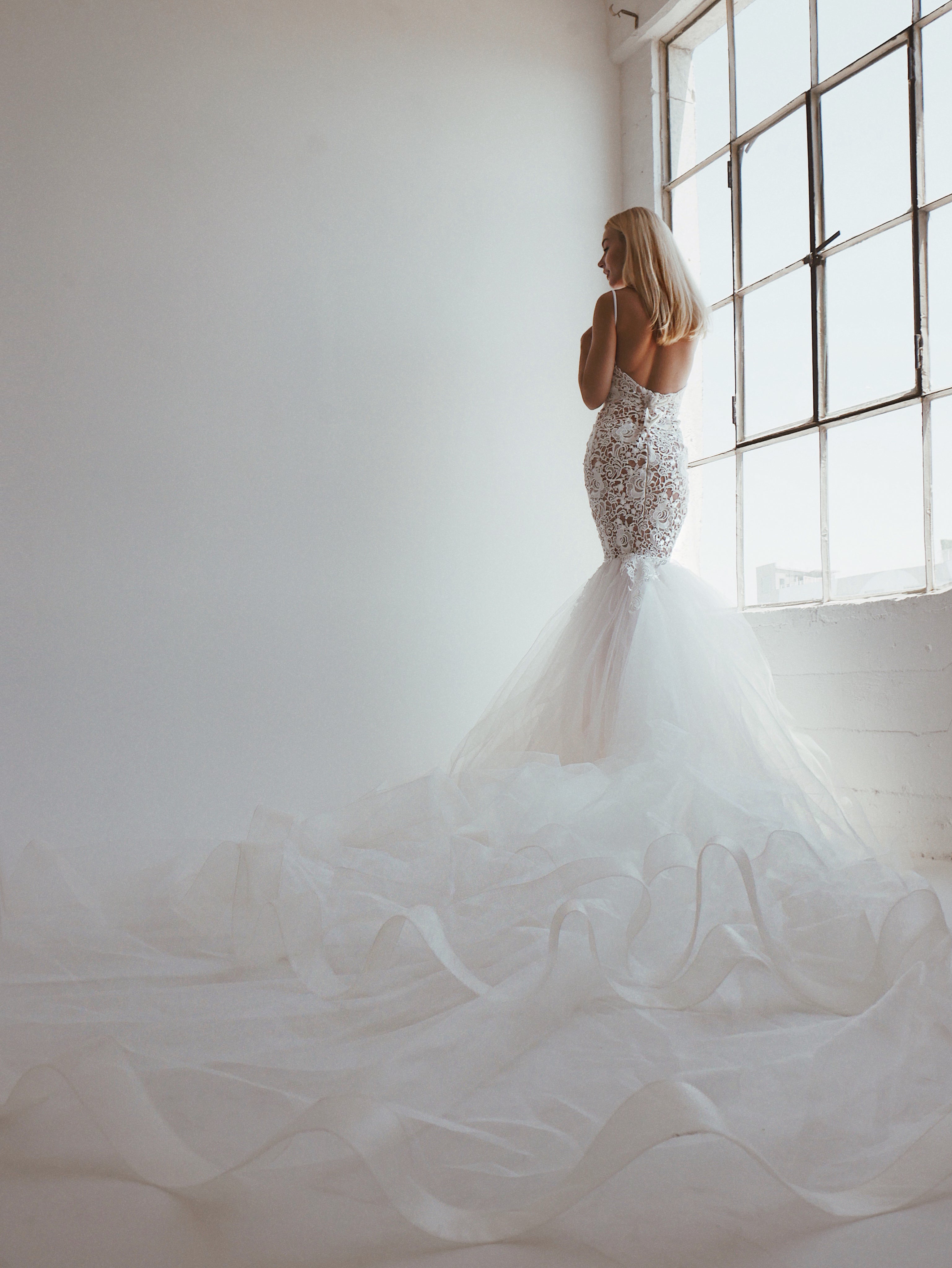 Bohemian mermaid wedding dresses with detachable trains by Lauren Elaine Bridal