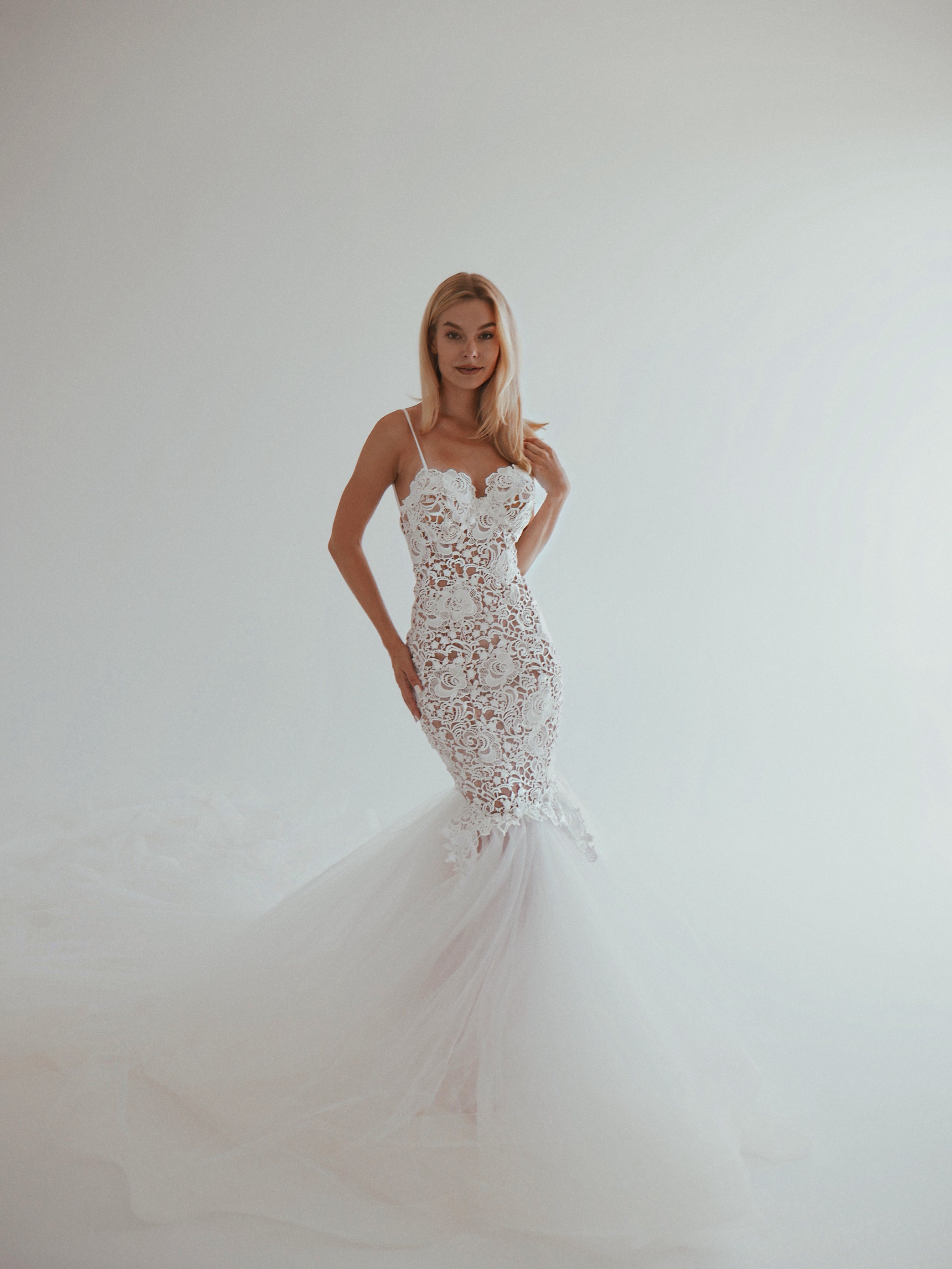 Sexy bohemian guipure lace mermaid wedding dress by Lauren Elaine Los Angeles