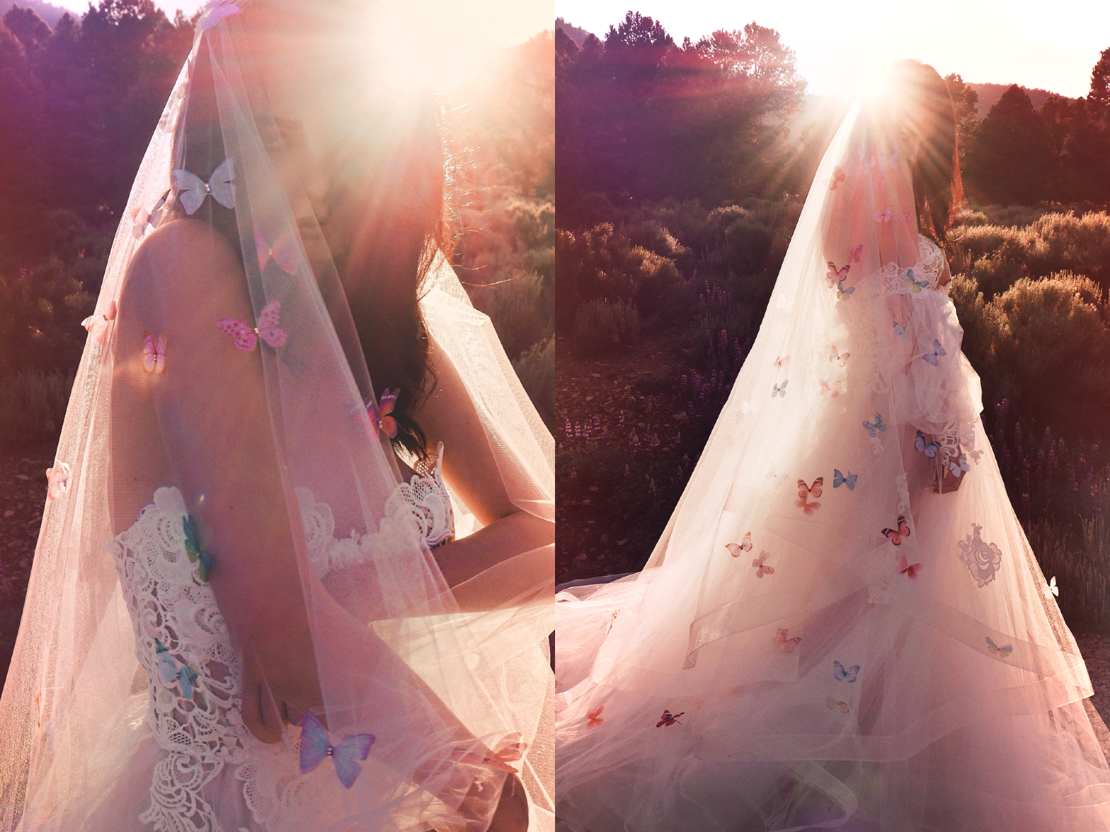 colorful butterfly wedding veil by Lauren Elaine, statement bridal veil with multicolor butterflies on sheer tulle