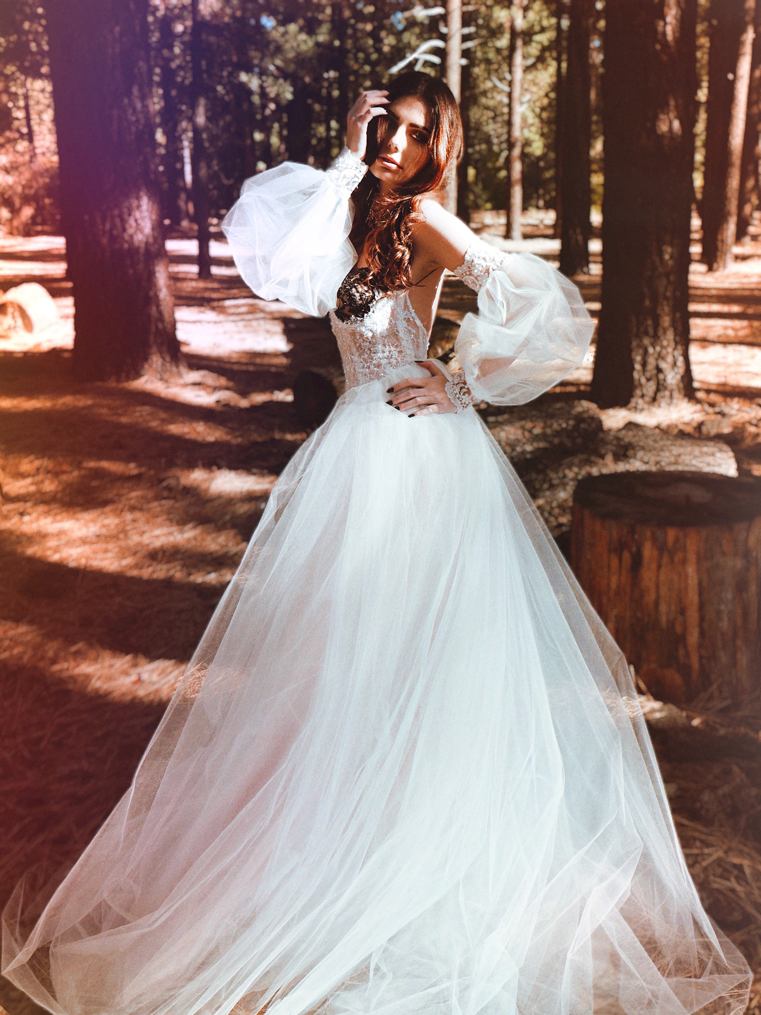 Detachable Beaded Lace & Tulle Bishop Sleeves