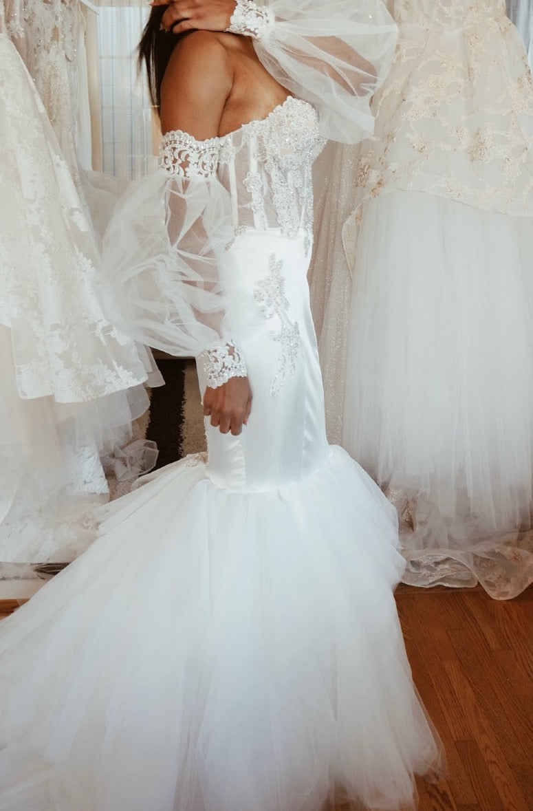 Detachable Beaded Lace & Tulle Bishop Sleeves