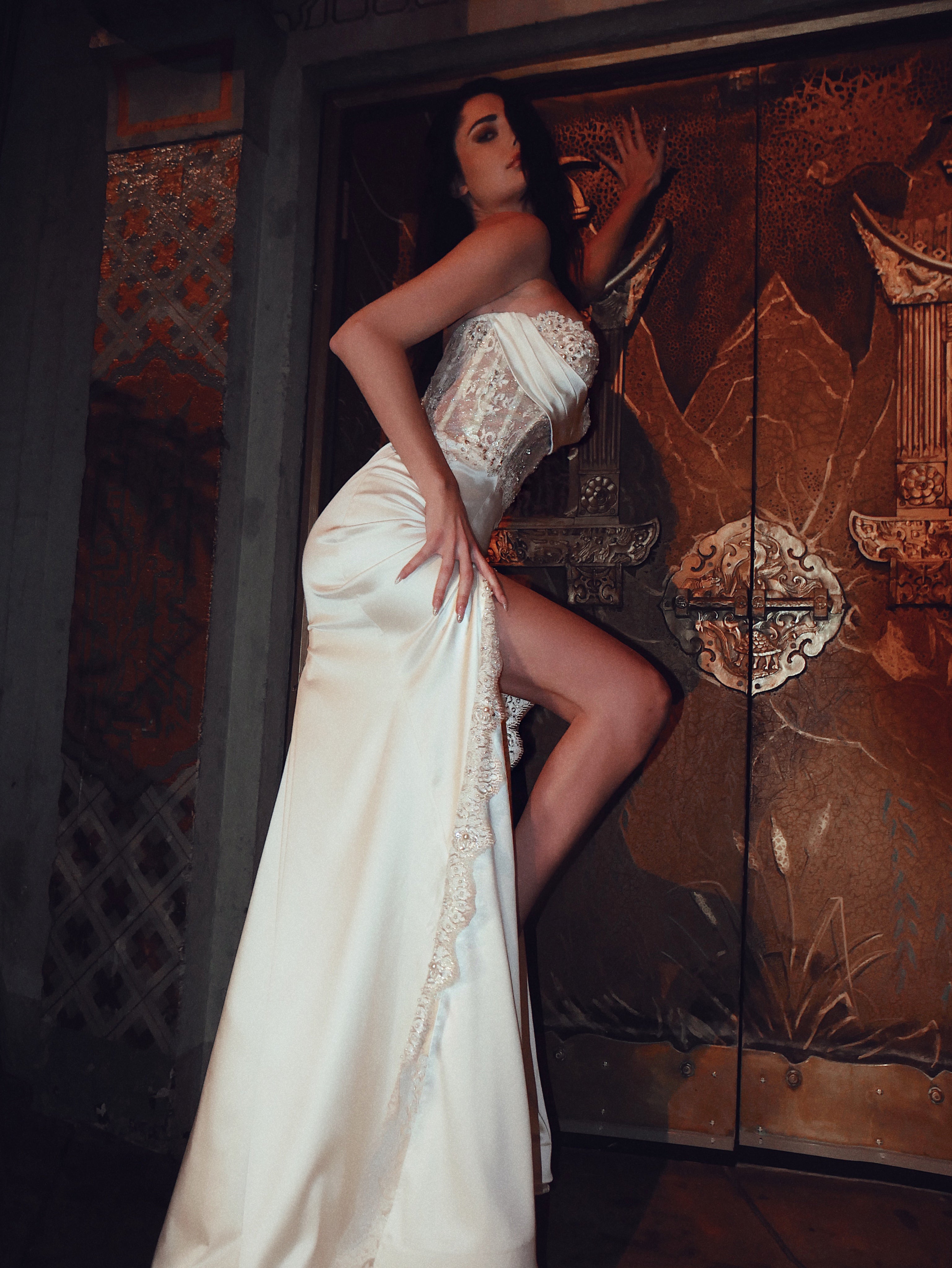 Lauren Elaine Encore Bustier Corset Satin Trumpet Strapless Wedding Gown with Slit