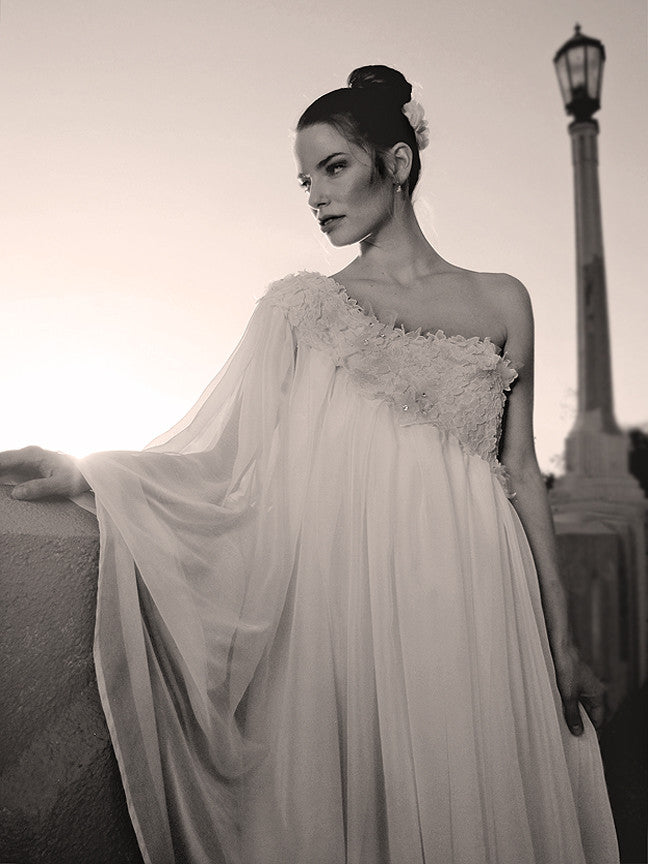 Draped chiffon A-line one-shoulder wedding gown with floral butterflies and Swarovski crystals