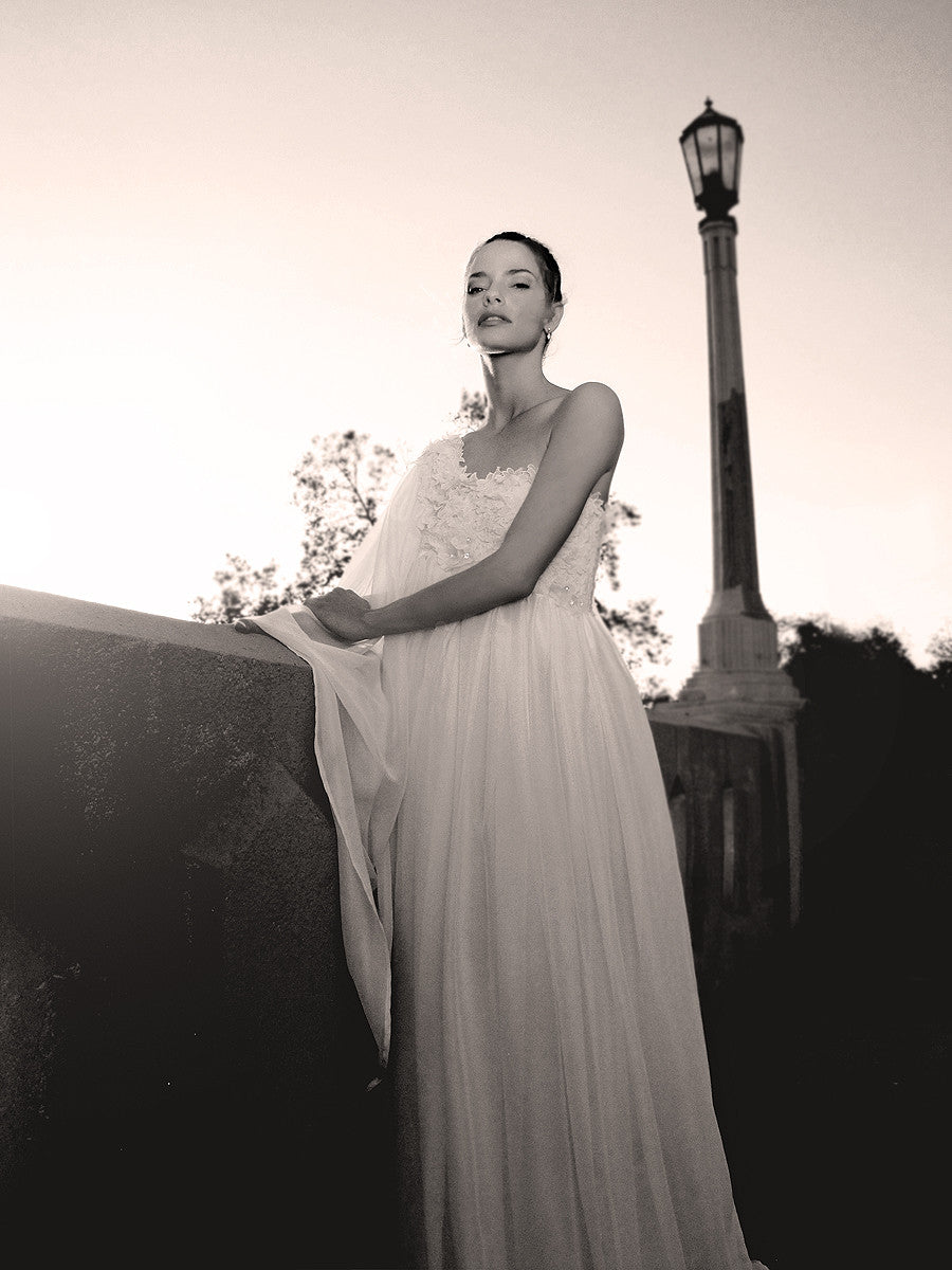 Lauren Elaine Aurora gown. 1970s vintage inspired ethereal bridal gown.
