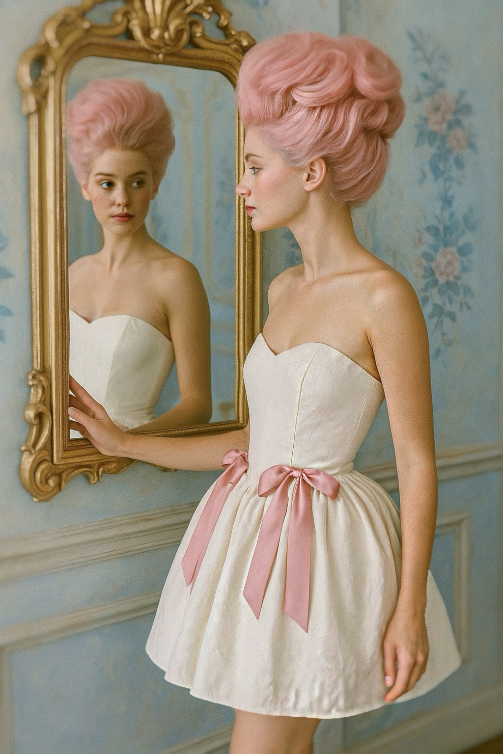 Amorette mini wedding dress reflected in gold mirror, featuring sweetheart bodice and blush bow details.