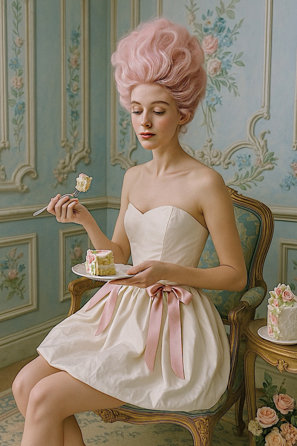 Bride wearing Amorette mini wedding dress in silk taffeta with blush bows, sitting and eating cake.