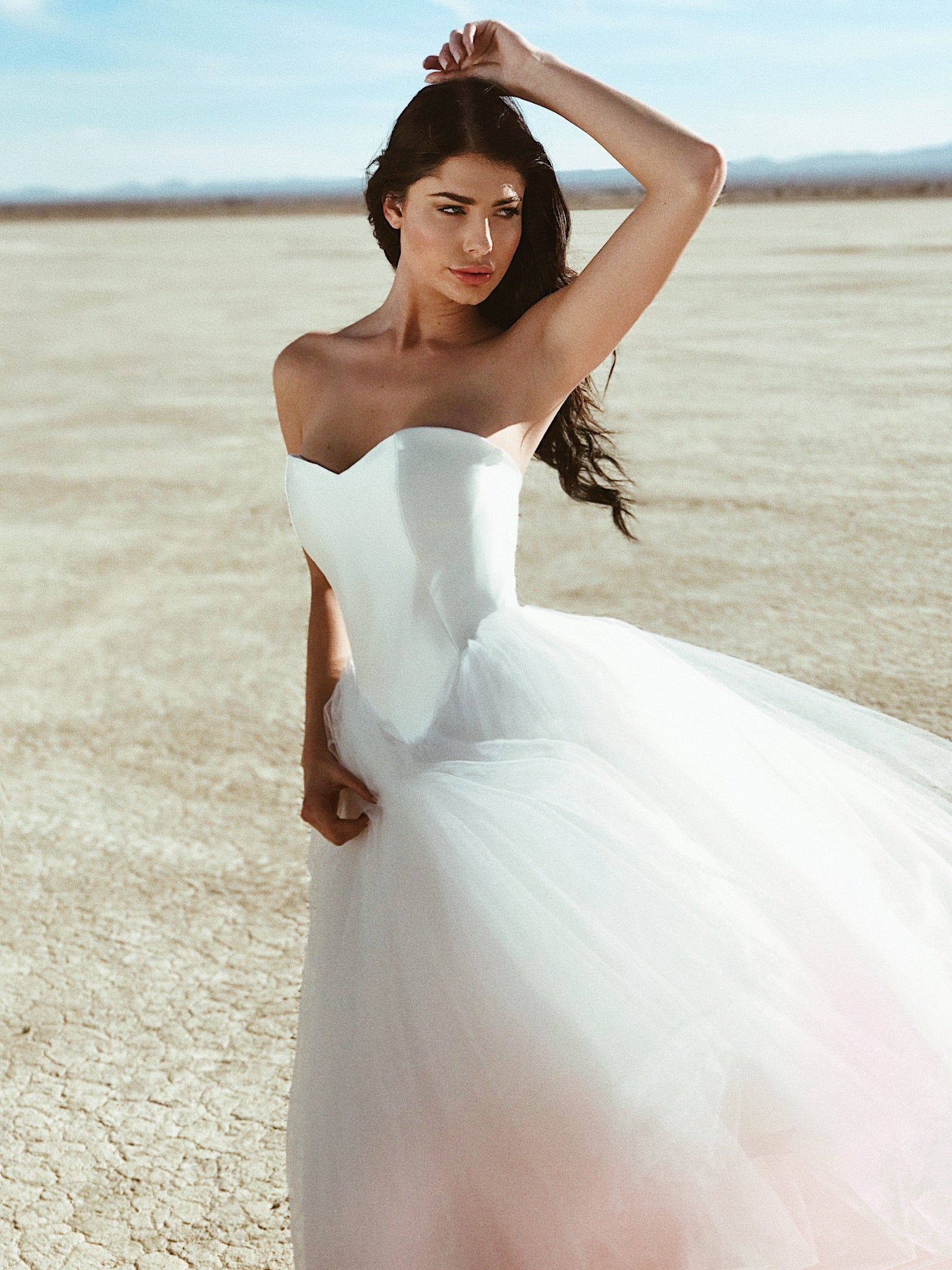 A model poses in the Lauren Elaine Basque Waist Aria Satin Ombré Colored Wedding Dress