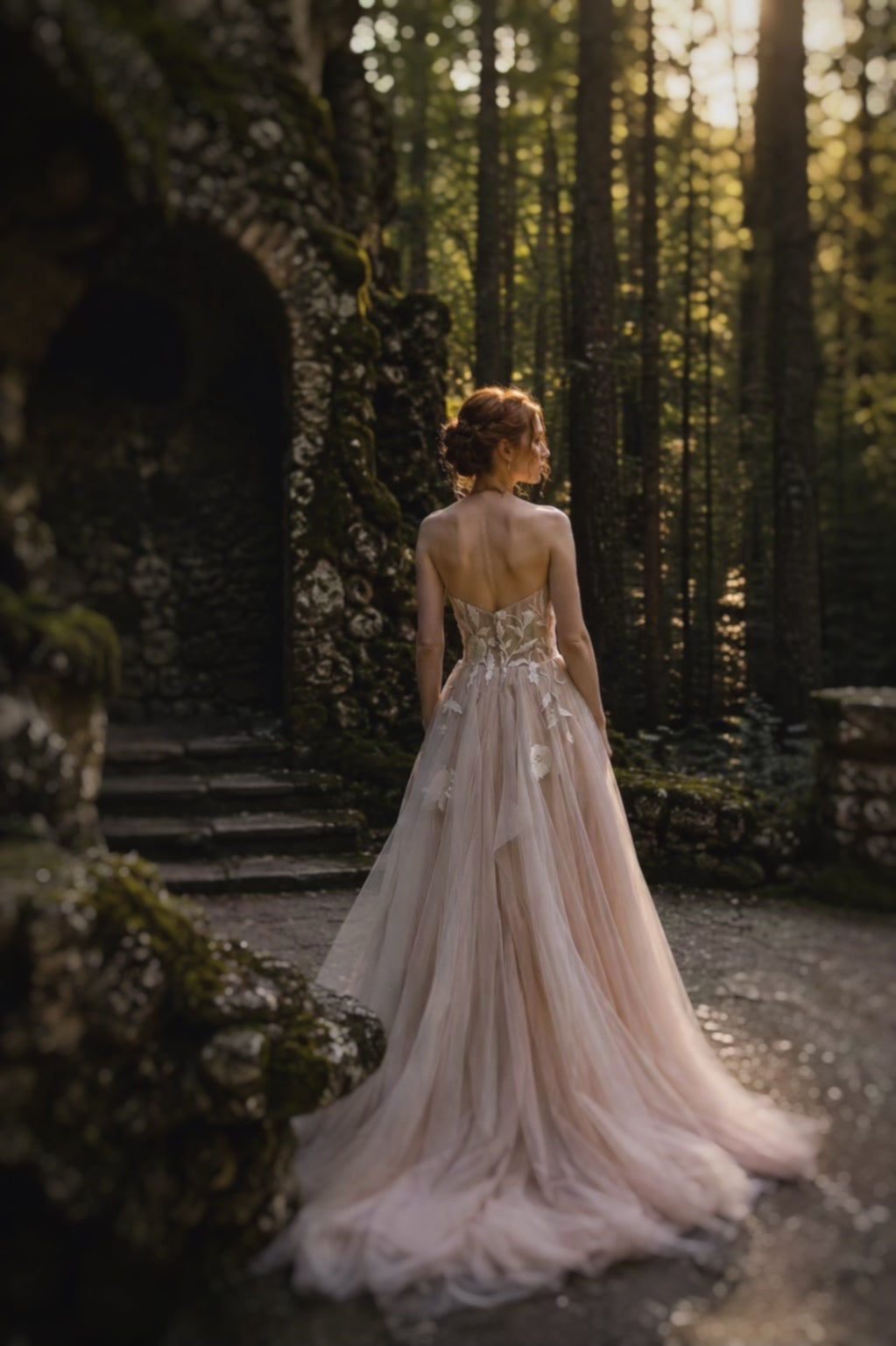 Back view of the Arrowyn ethereal wedding dress with illusion bodice and flowing layered tulle skirt.