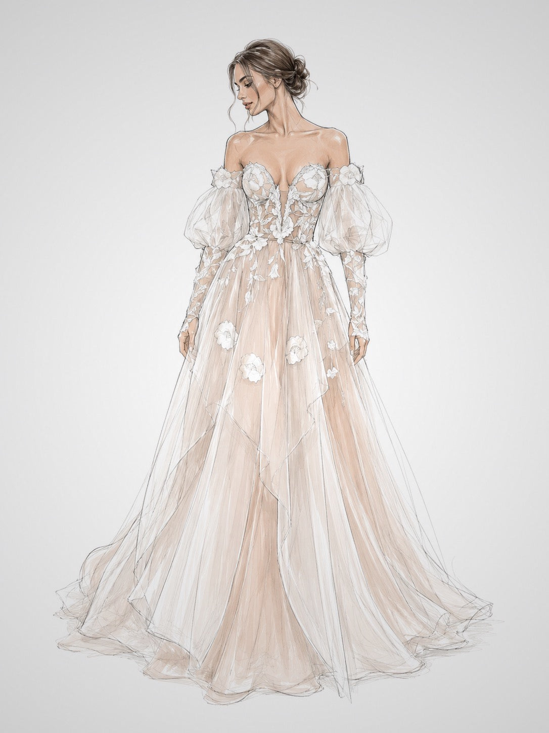 Concept sketch of the Arrowyn wedding dress featuring detachable gigot sleeves.