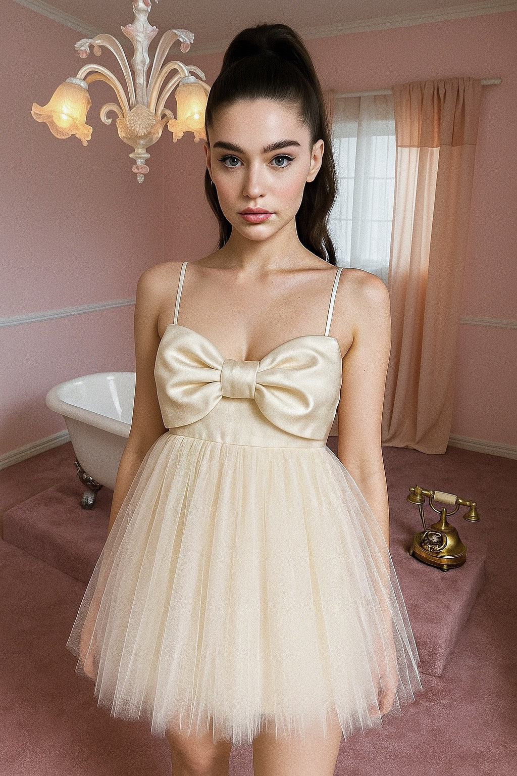 Dolly mini wedding dress with oversized satin bow, empire waist, and tulle skirt