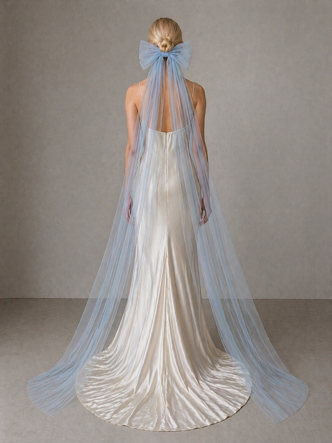 powder blue oversized tulle bow wedding veil dolly chapel length