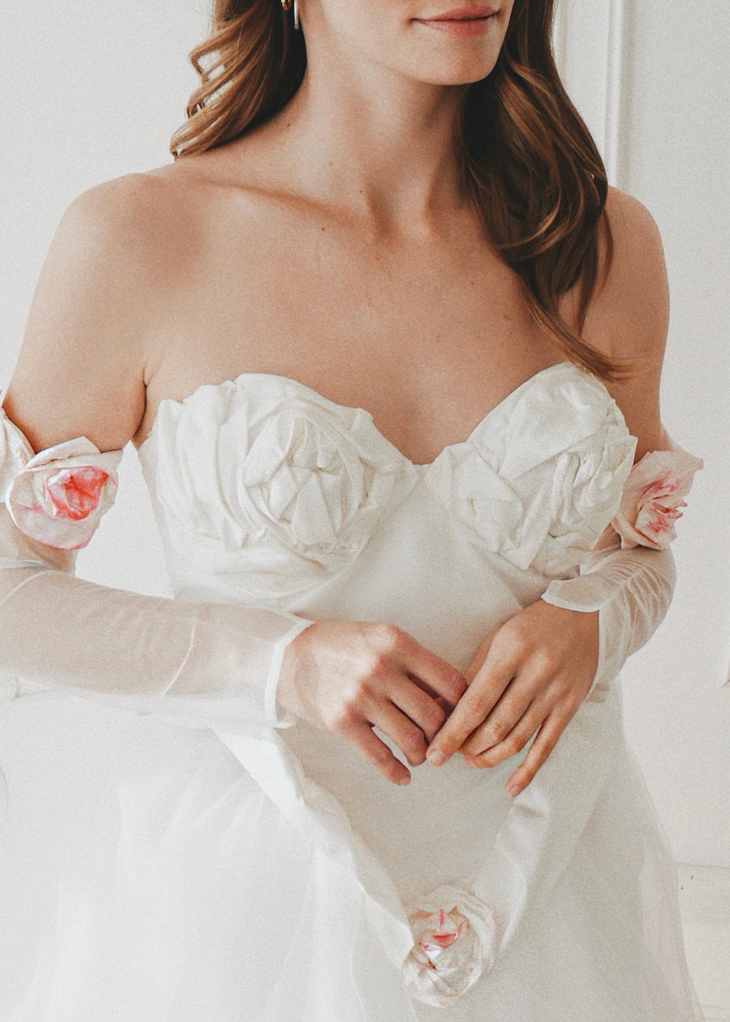 Detail pictures of the "Duchess" Silk Taffeta Basque Waist Corset Wedding Dress with Rosettes