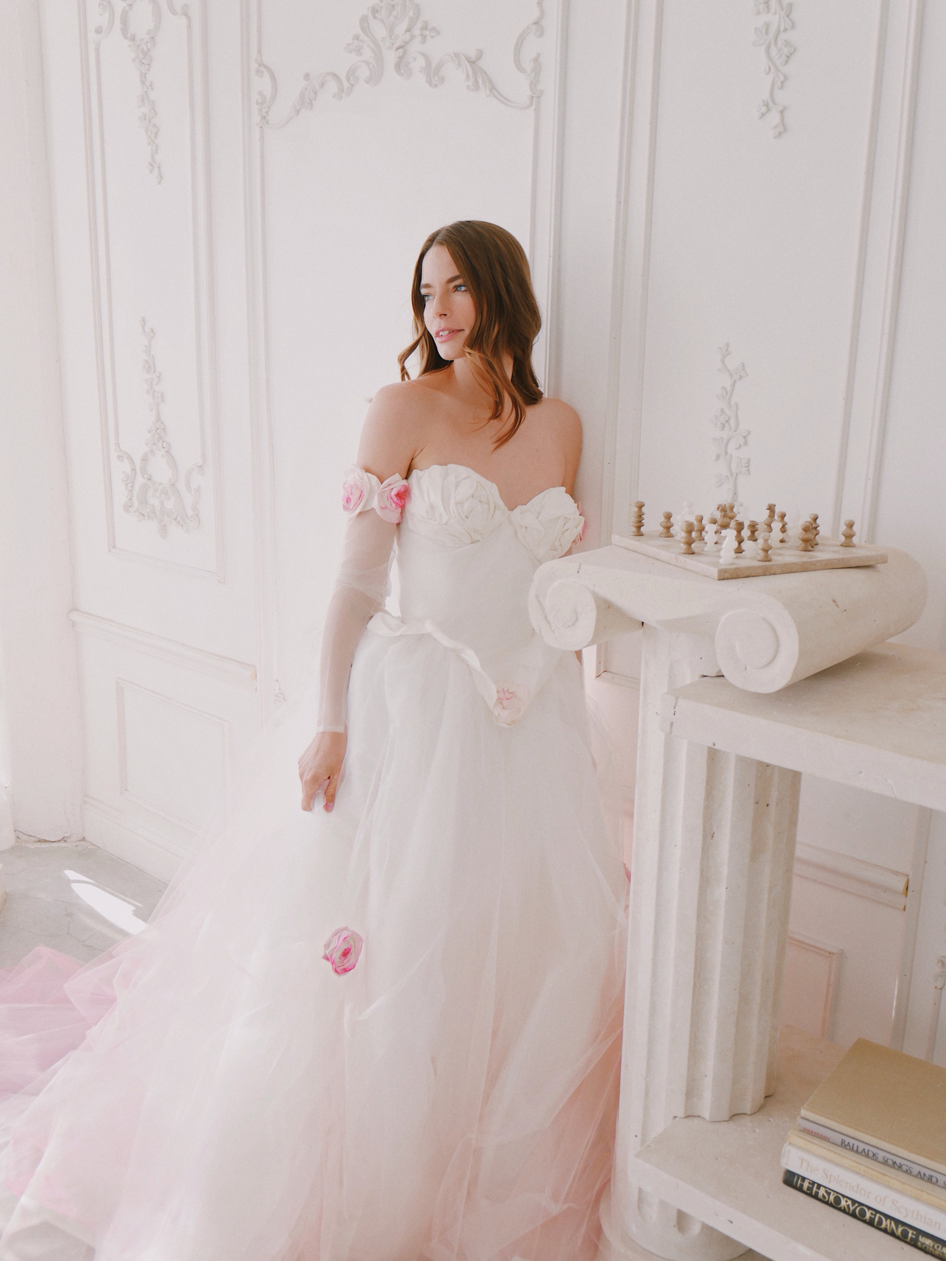 Pink Wedding dress ball gown with rosettes pickups and glove sleeves