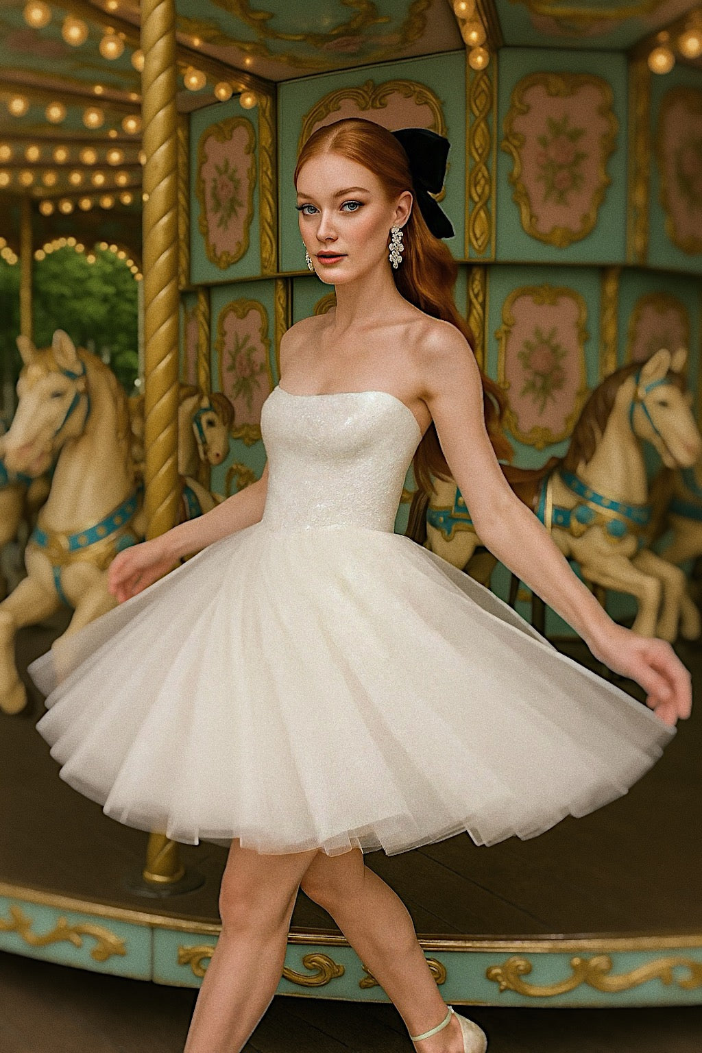 Étoile bridal mini dress with strapless sequin bodice and layered tulle skirt, carousel setting