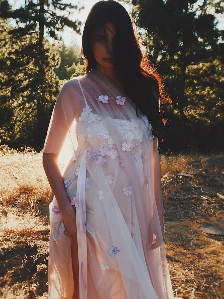 Florêve floral appliqué wedding dress with hand-painted pink, lavender and white 3D wildflowers