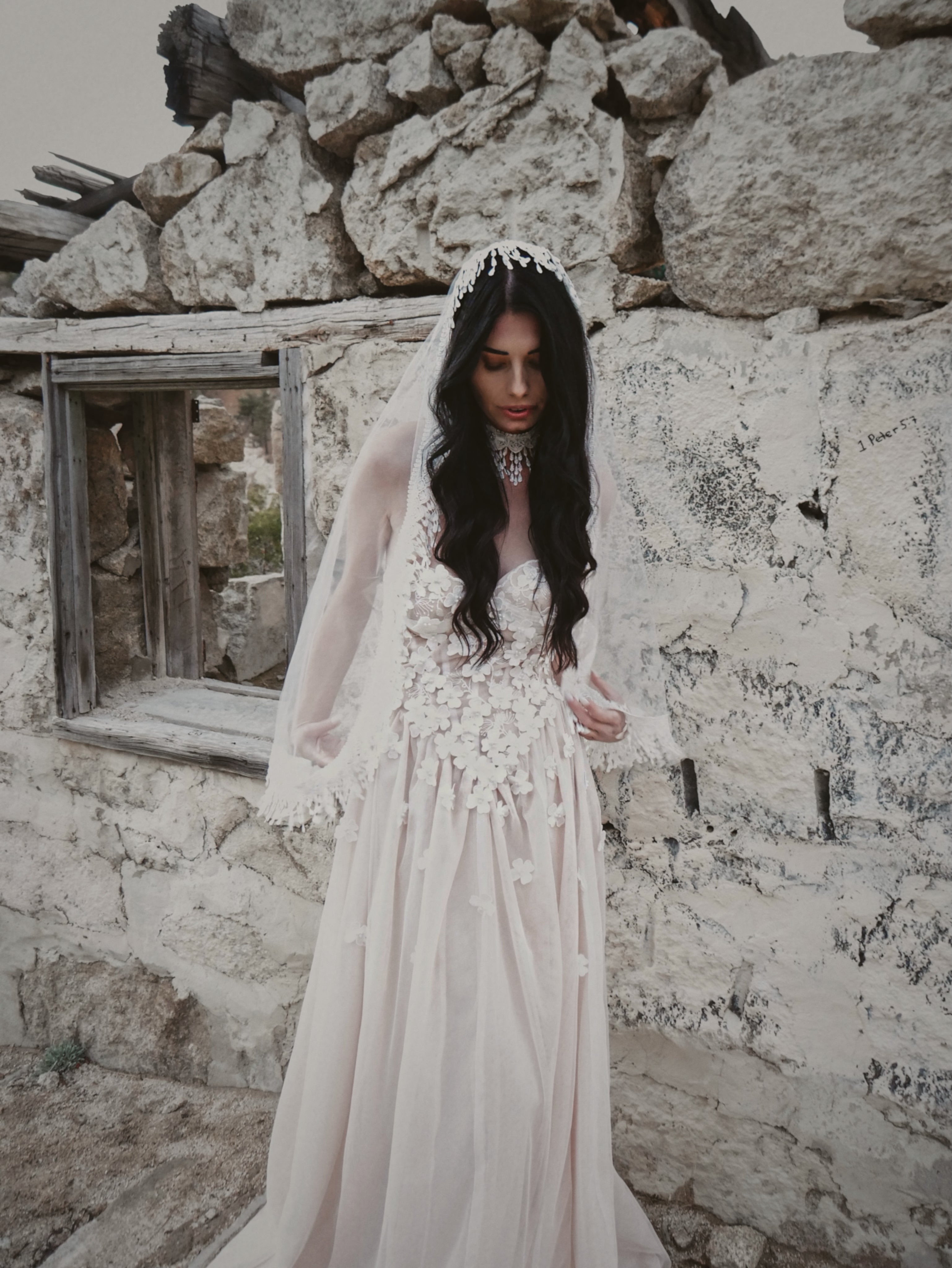 Crochet lace fringe bridal veil in bohemian mantilla style, lightweight and flowing for free-spirited brides