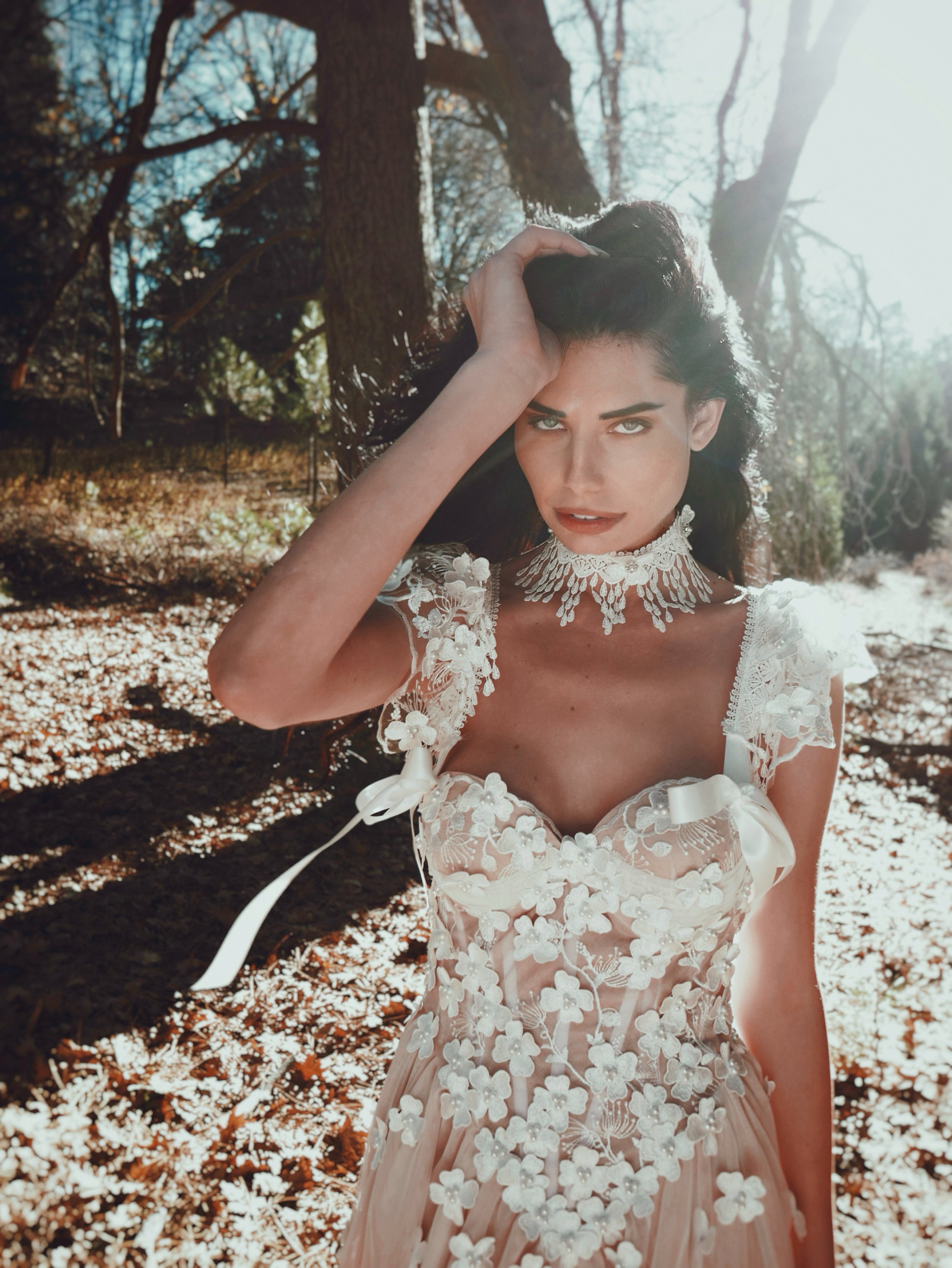 Close-up of boho chic bridal choker featuring intricate crochet lace fringe and handcrafted detailing