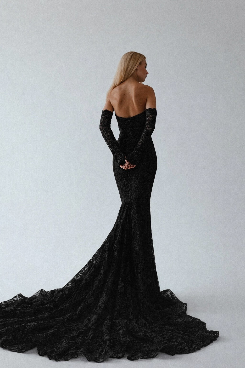 Black mermaid wedding dress with cathedral lace train back view Insley by Lauren Elaine Bridal