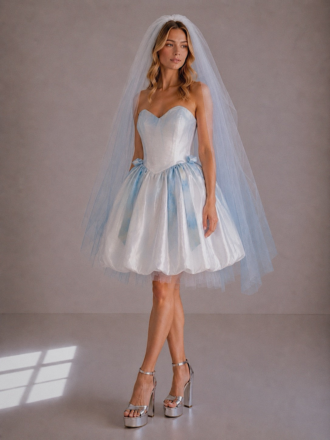 Blue watercolor bridal mini dress variation of the Moondreamer Mini with matching pastel ombre wedding veil