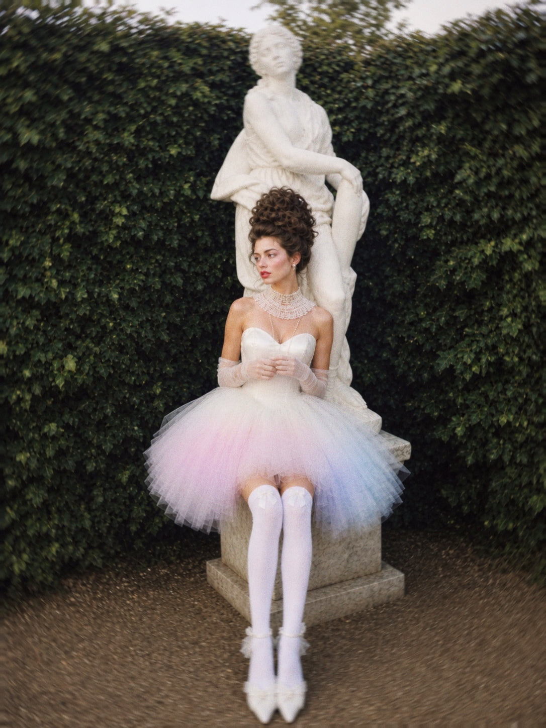Opaline Mini colorful bridal mini dress in editorial garden setting with pastel ombre tulle skirt