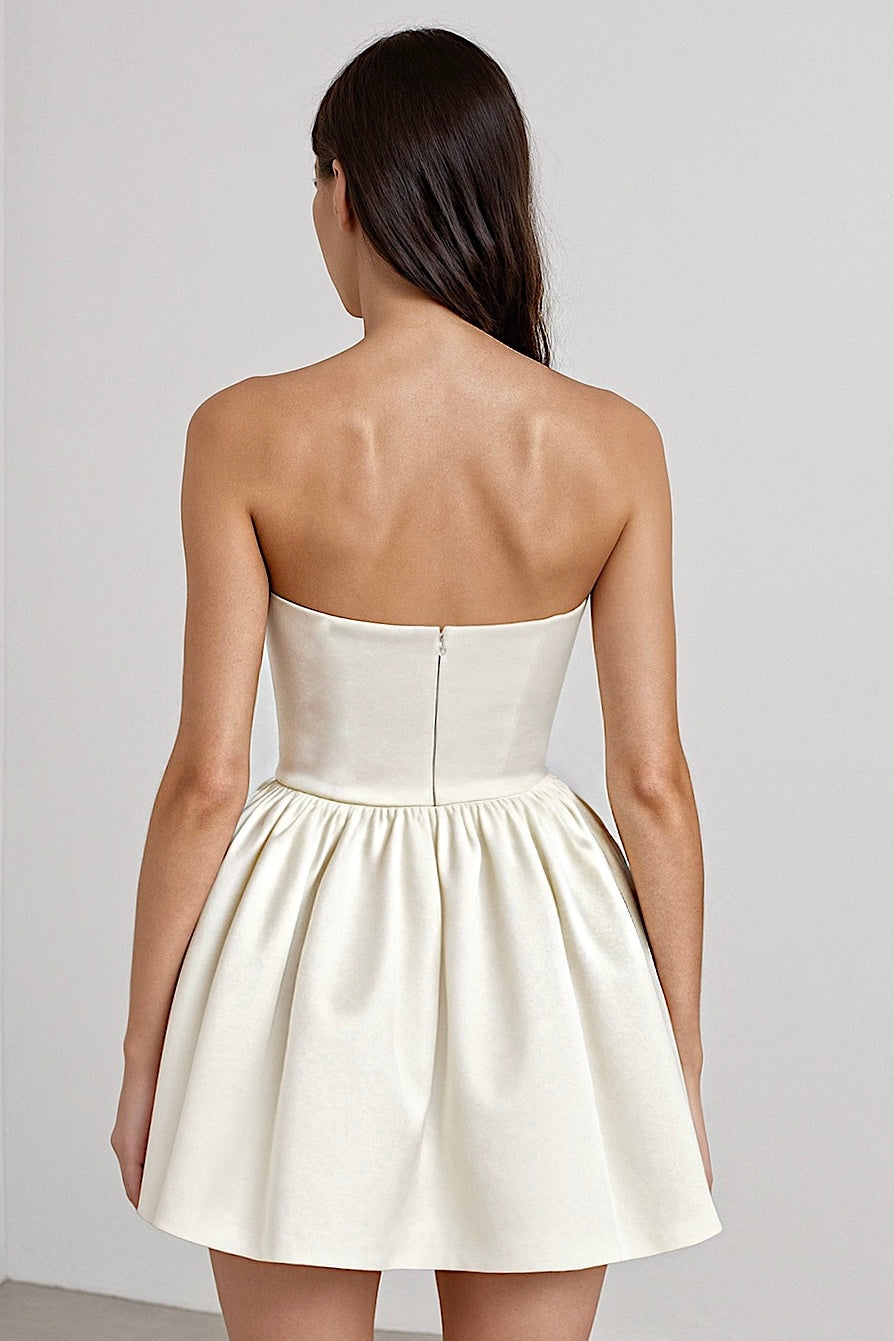 Back of Roxie mini wedding dress with satin skirt and invisible zipper closure