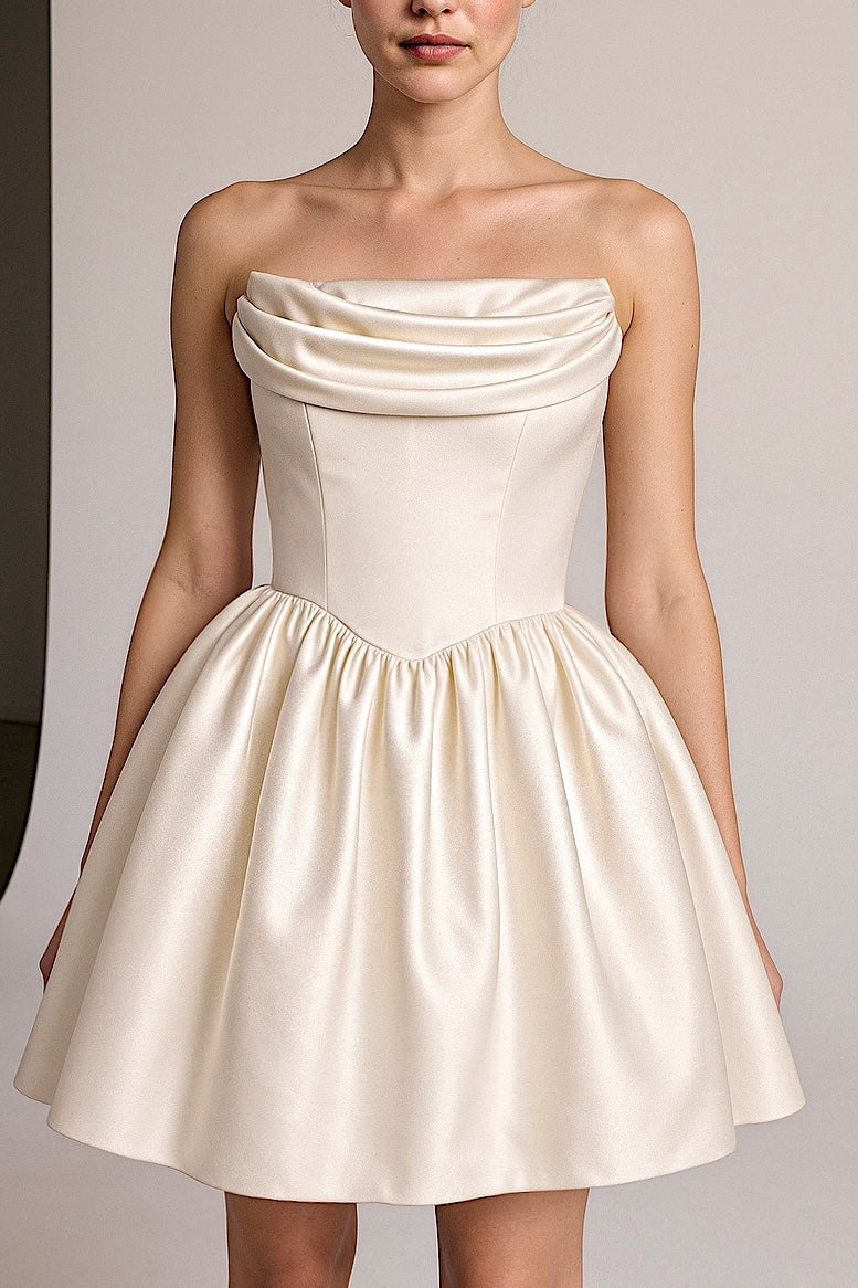 Roxie mini wedding dress with satin crumb catcher bodice and basque waist, bridal mini