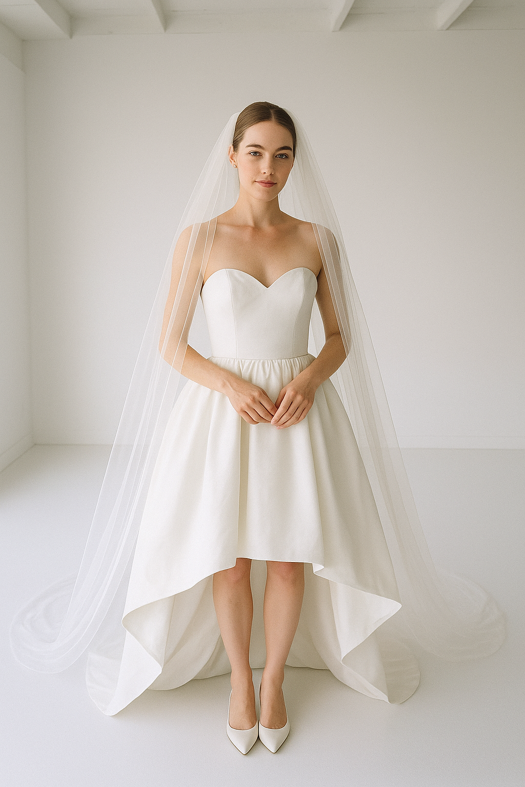 Bride wearing ivory silk taffeta rose bridal veil with clean modern silhouette