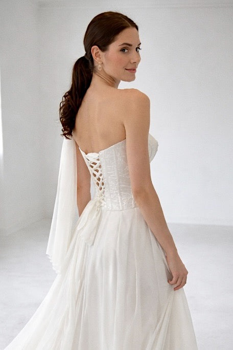 Cadence floral jacquard basque waist corset wedding dress back view by Lauren Elaine Bridal