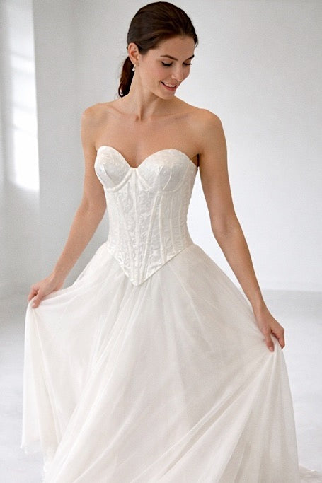 Cadence romantic basque waist corset wedding dress with flowing chiffon skirt by Lauren Elaine Bridal