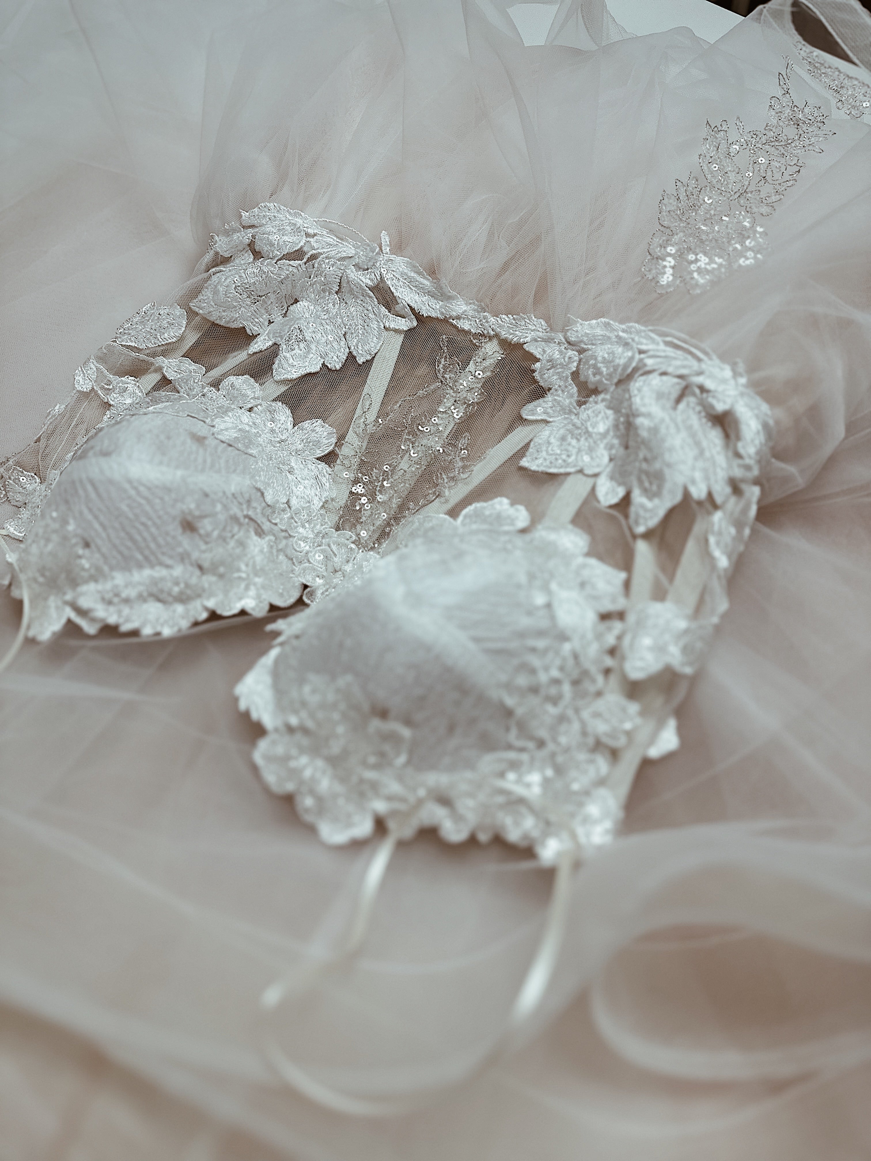 Couture lace and tulle bridal gown detail for Los Angeles bridal appointments