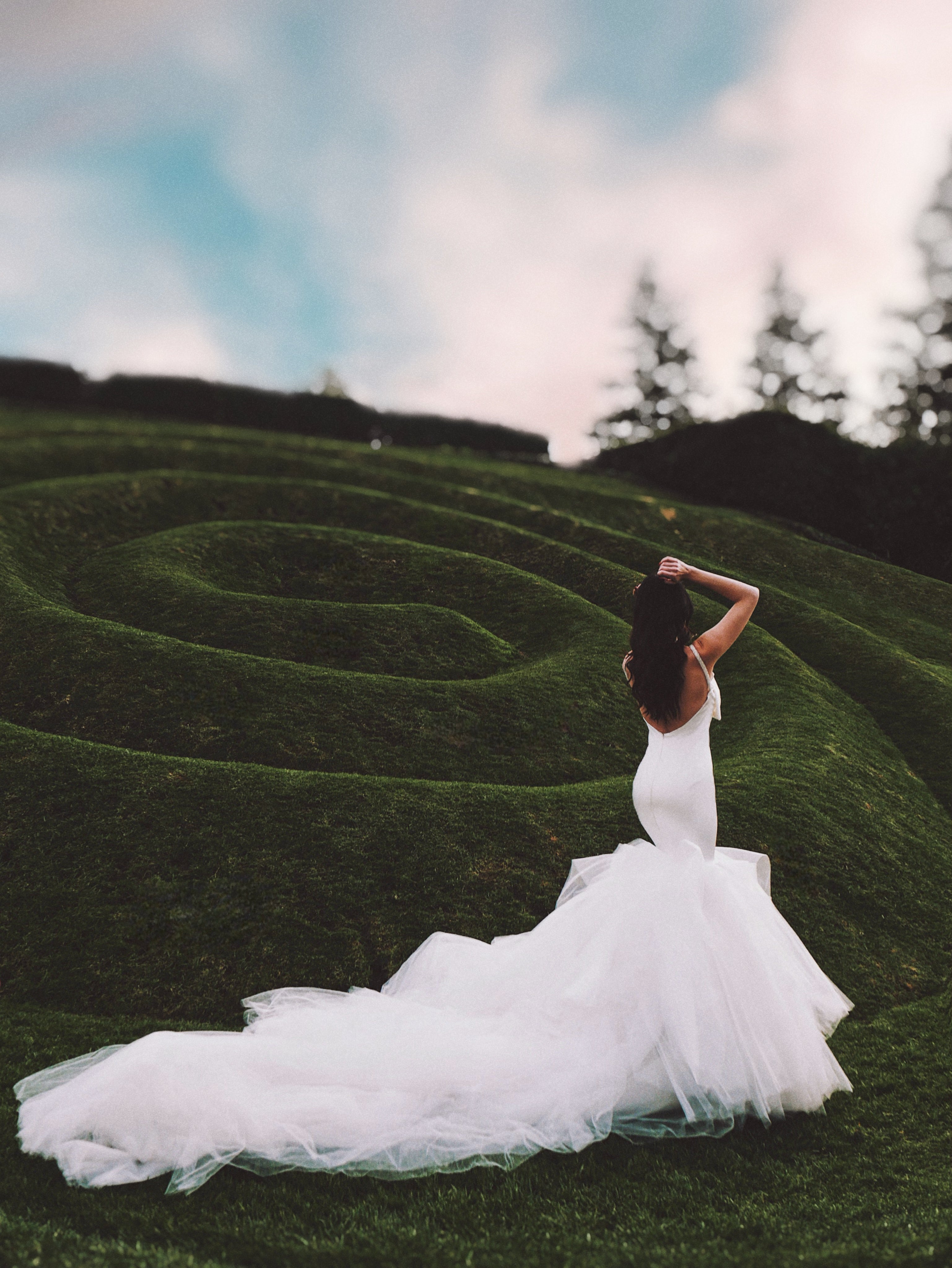 Mermaid wedding gown with dramatic train by Lauren Elaine Los Angeles
