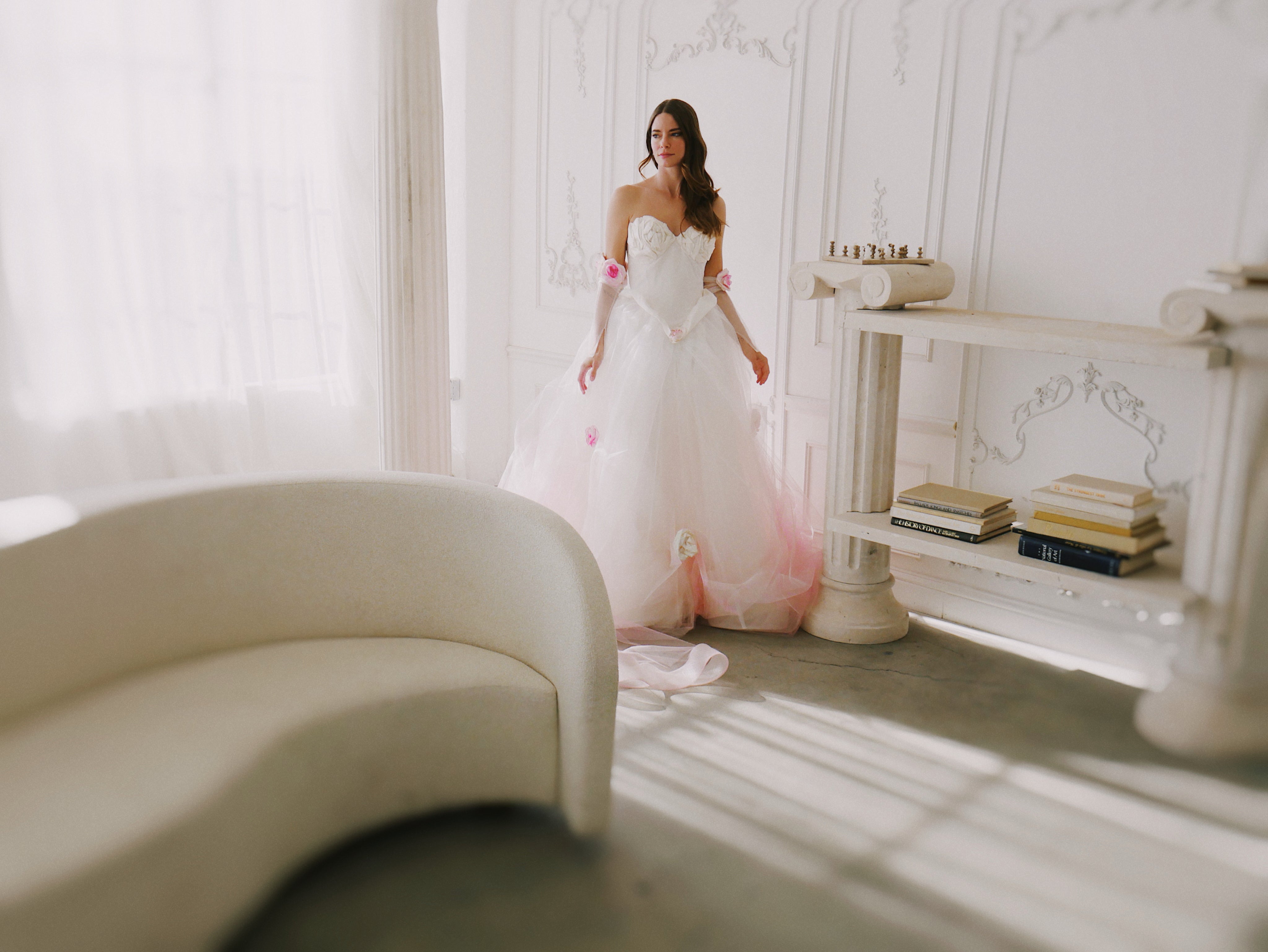 Bridgerton ball gown wedding dress with blush skirt