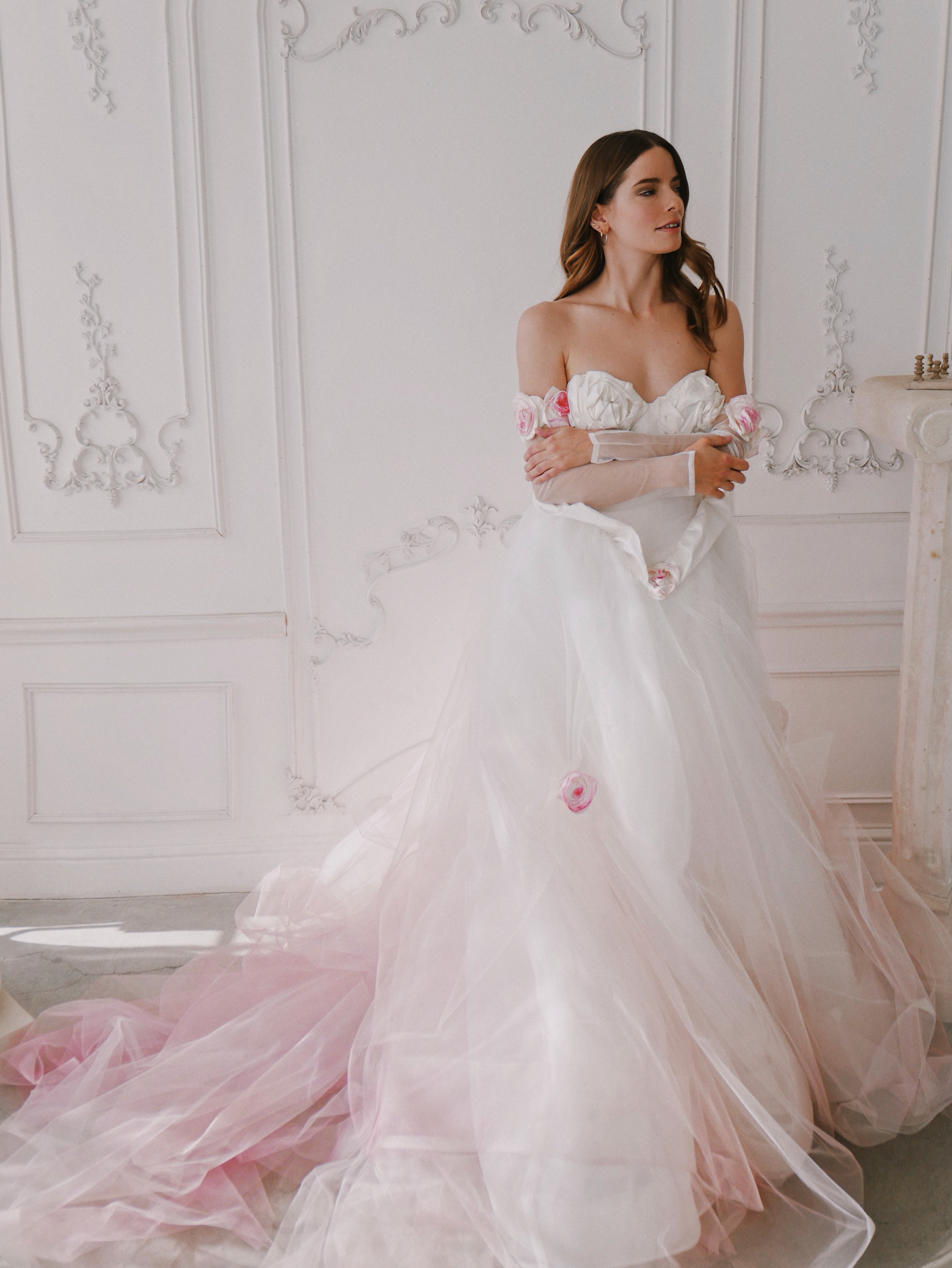 Basque waistline wedding gown with hand painted detailing