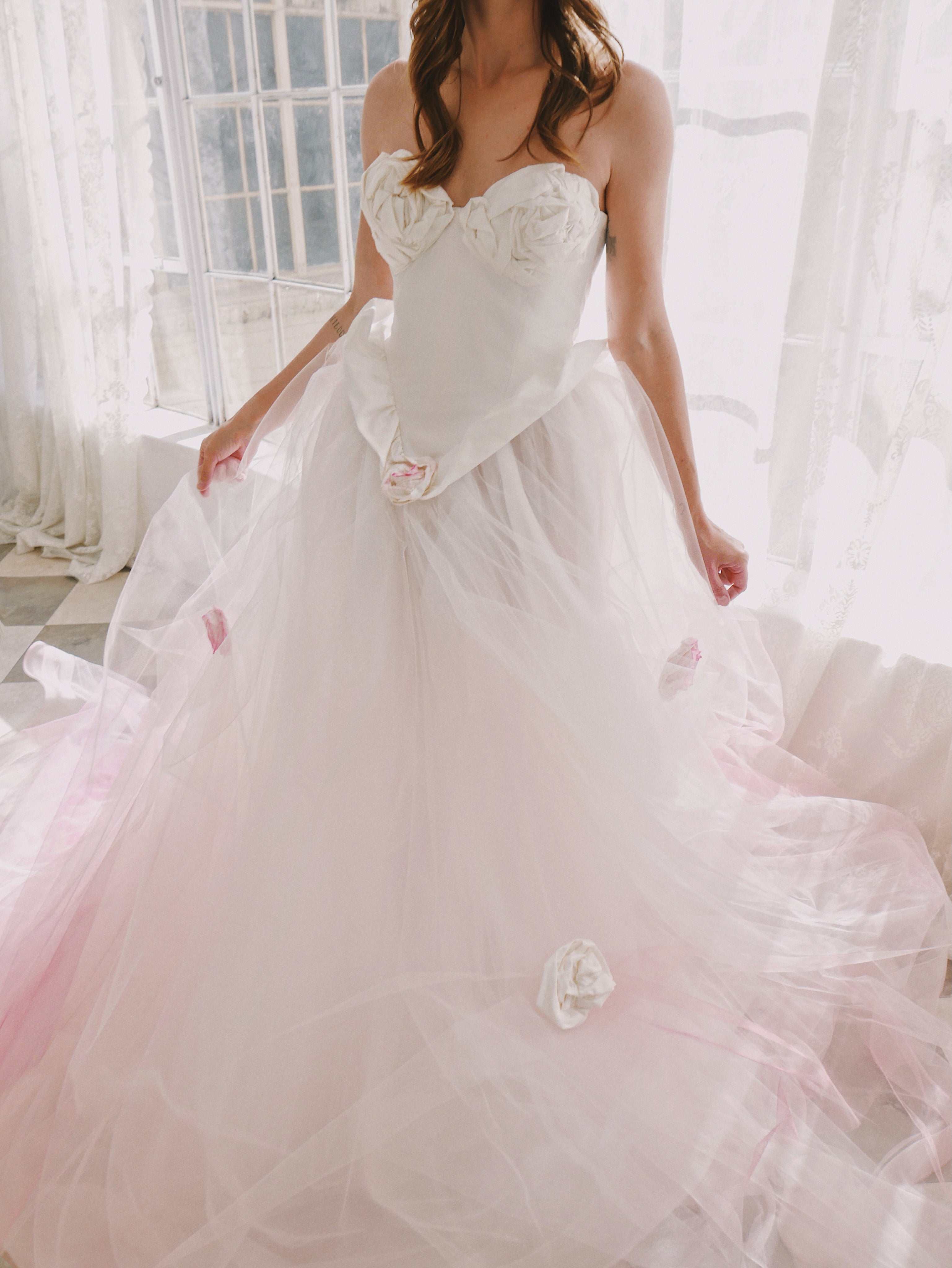 Basque waistline wedding dress with blush skirt