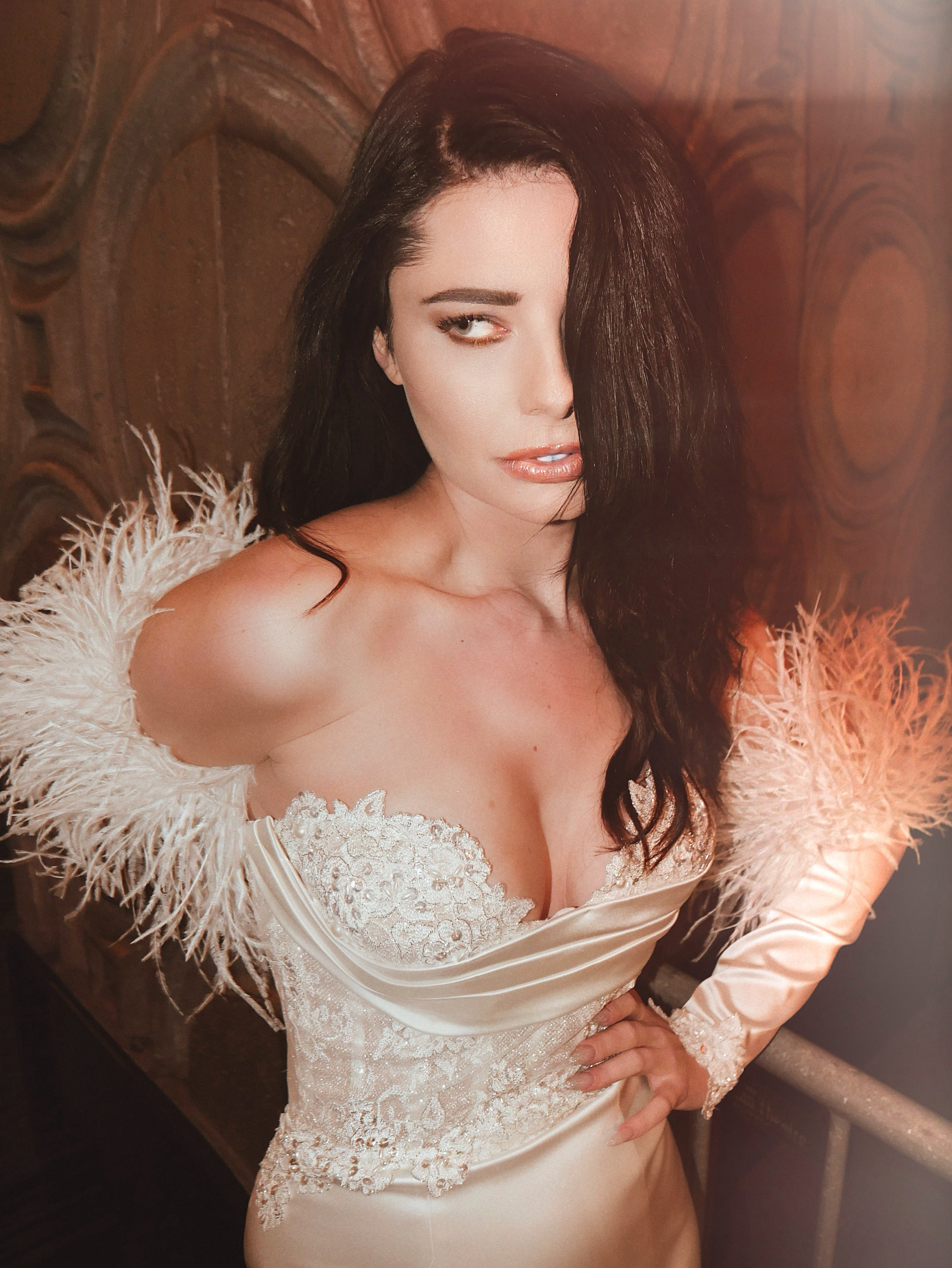 Lauren Elaine Encore Bustier Corset Satin Trumpet gown detachable ostrich feather sleeves.