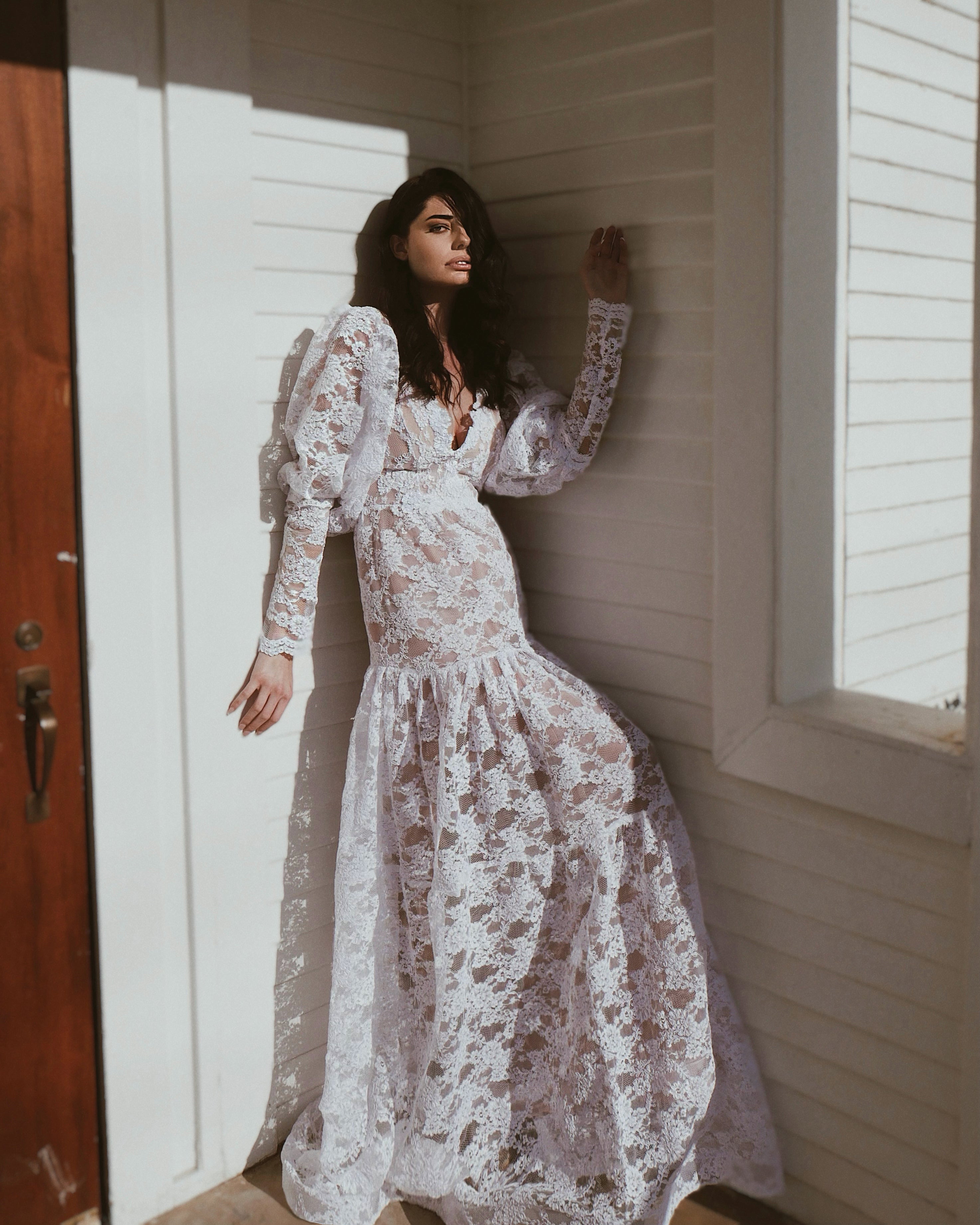 Full length view of the Lauren Elaine "Meadow" wedding dress.
