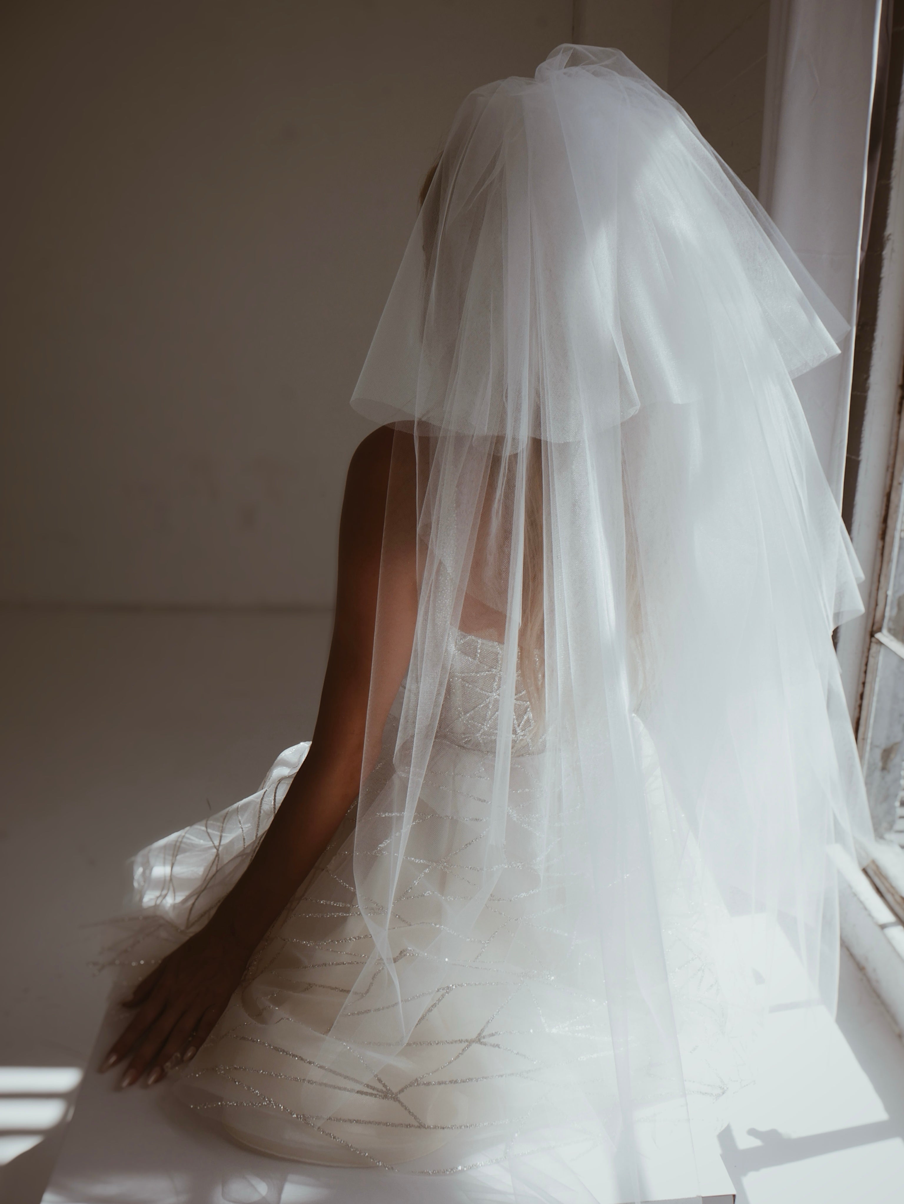 Back view of a model wearing a glamorous tiered tulle wedding veil with crystal comb.
