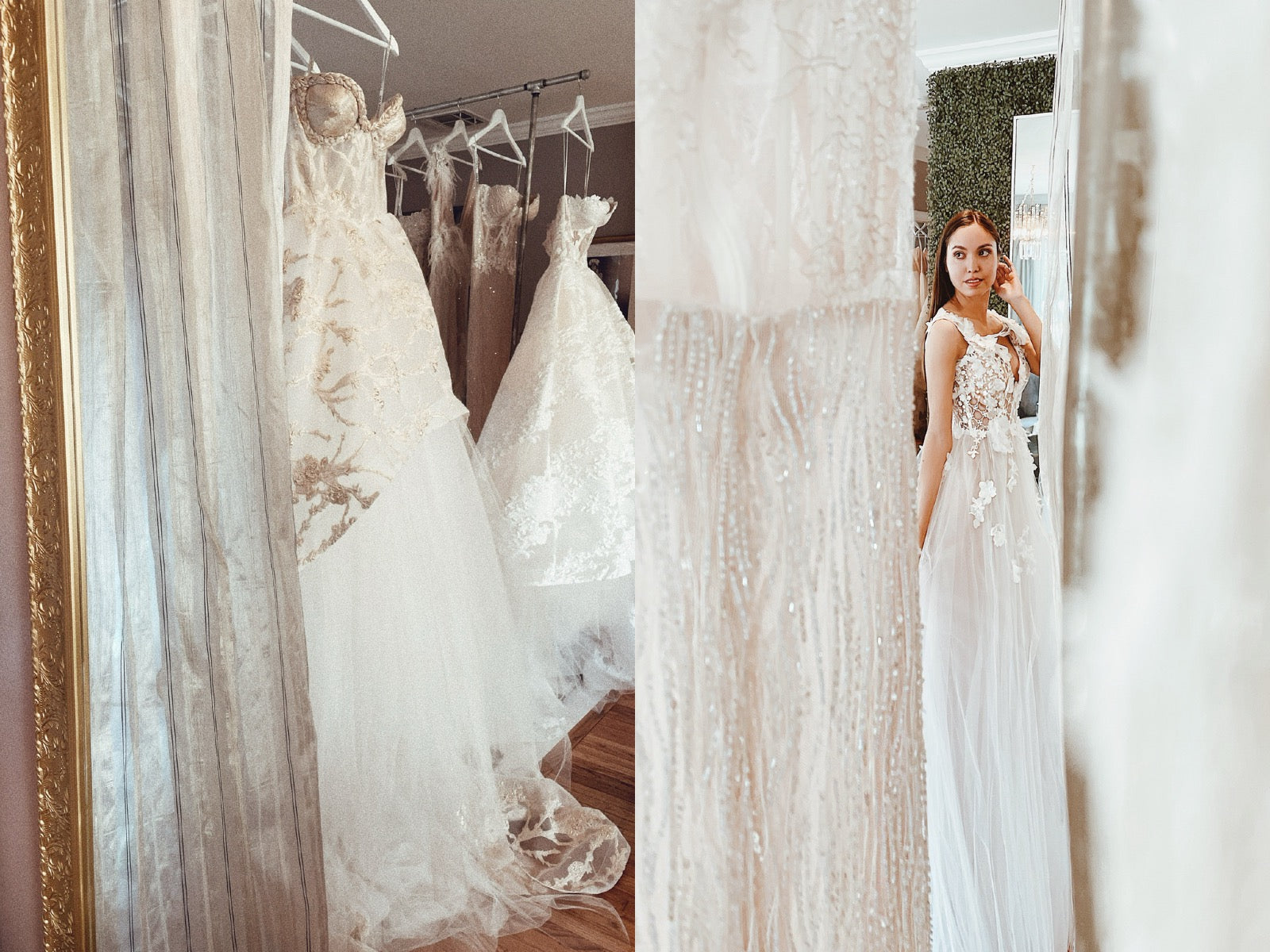 A bride tries on wedding gowns at the Lauren Elaine Los Angeles Bridal Salon