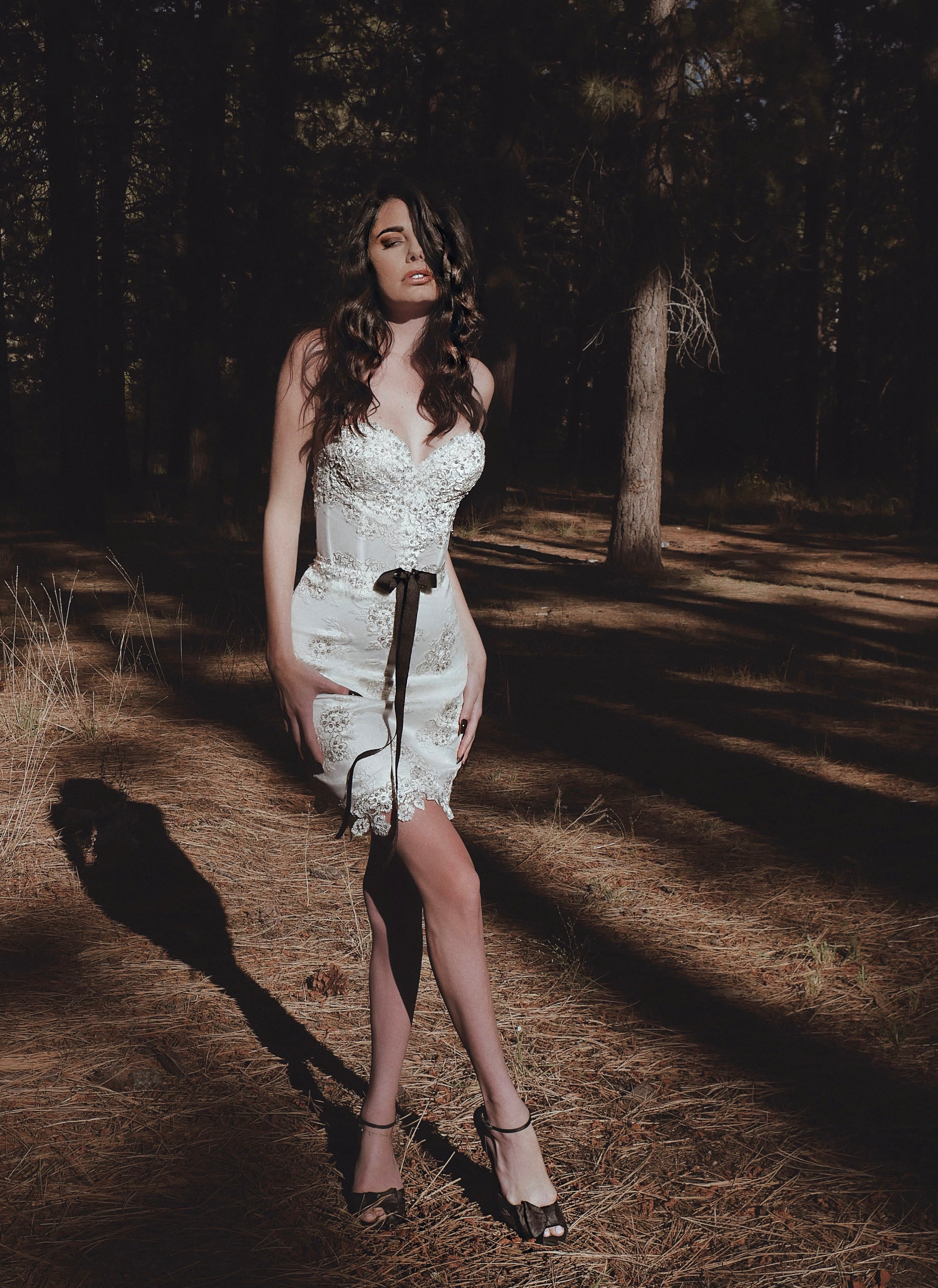 Lauren Elaine Ostara lace corset mini wedding dress with bow