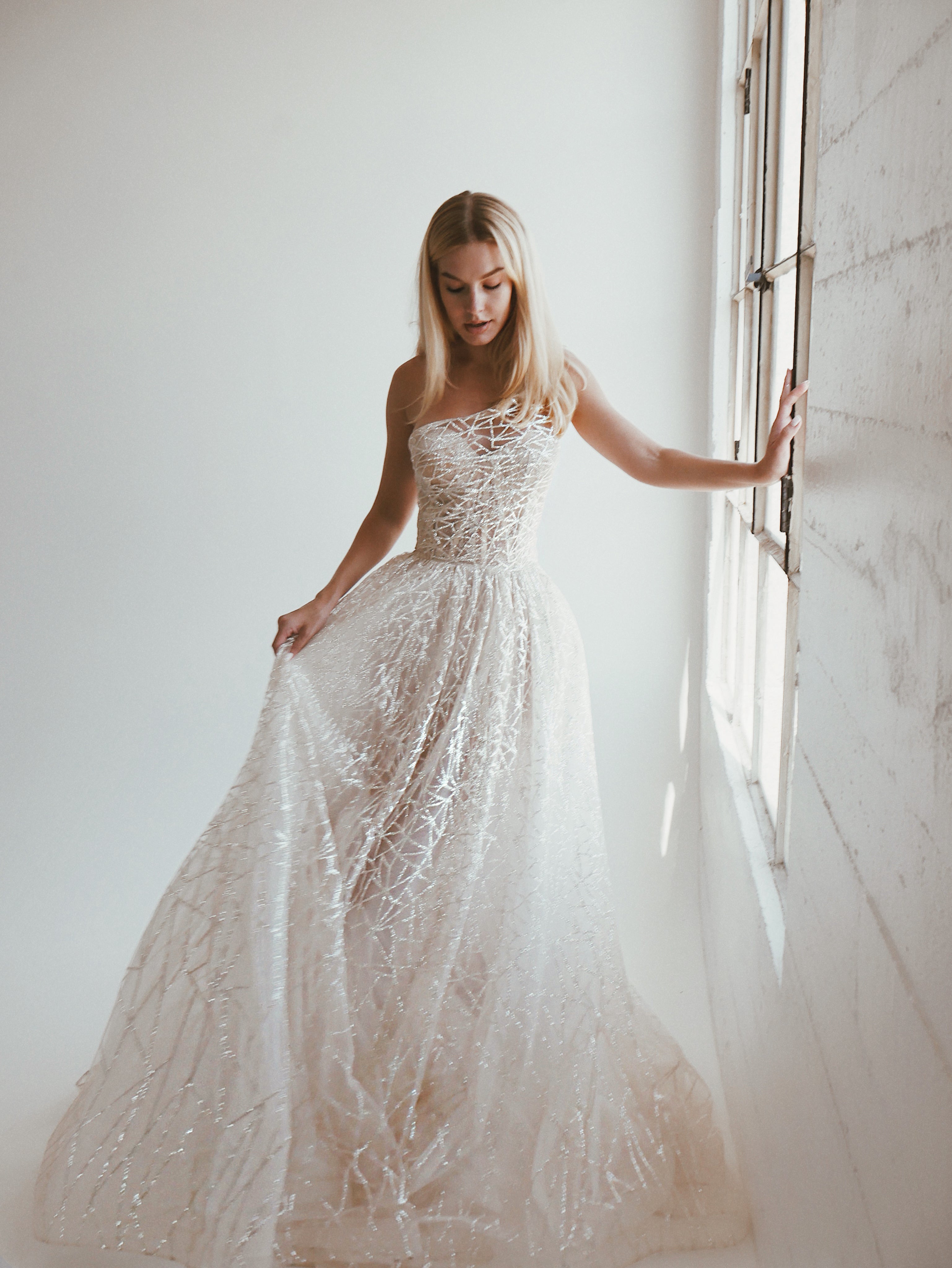 customizable one shoulder corset sparkle A-line wedding dress by Lauren Elaine Los Angeles