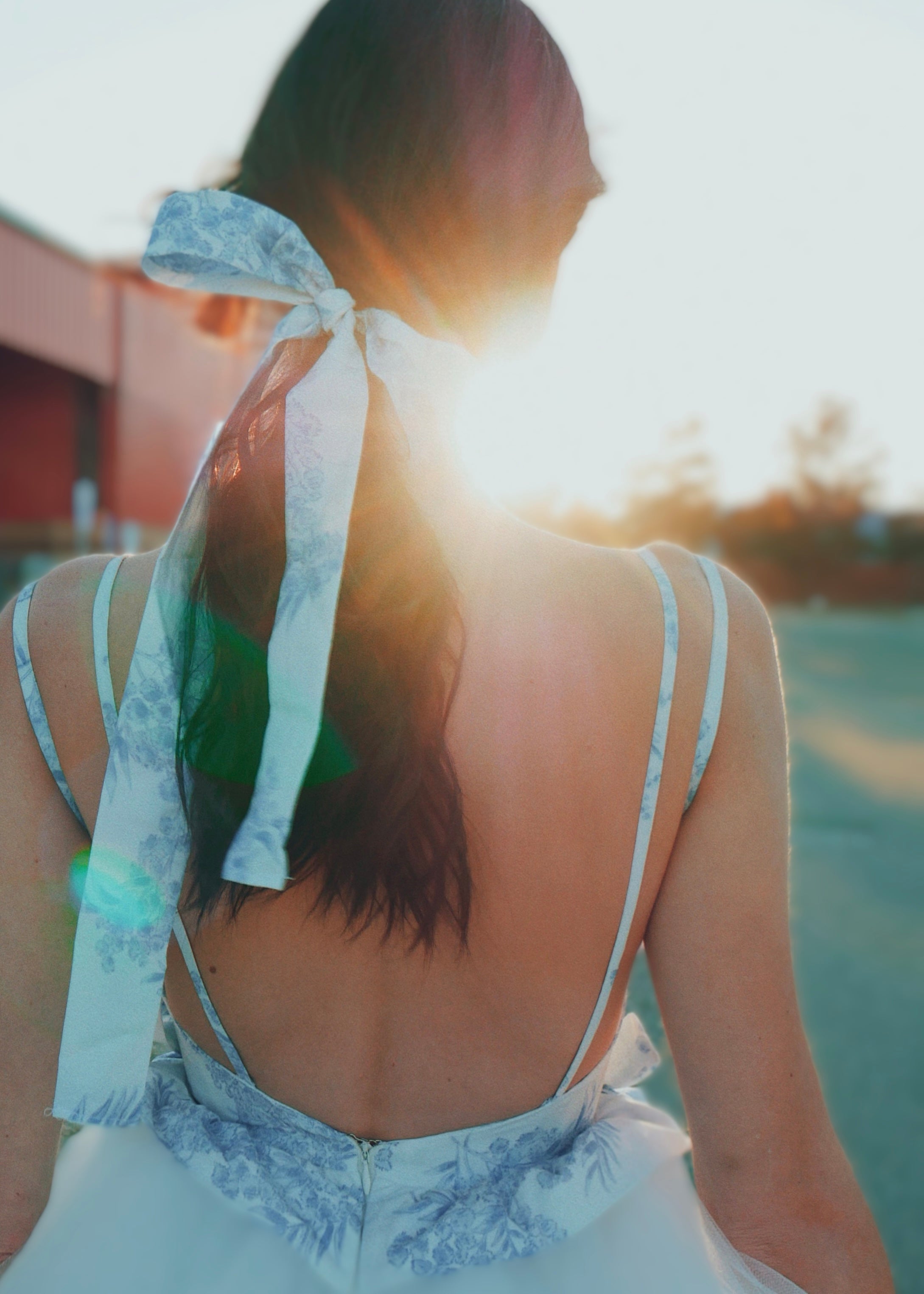 Lauren Elaine Provencia Boho Chic Blue Toile Wedding Dress with bows