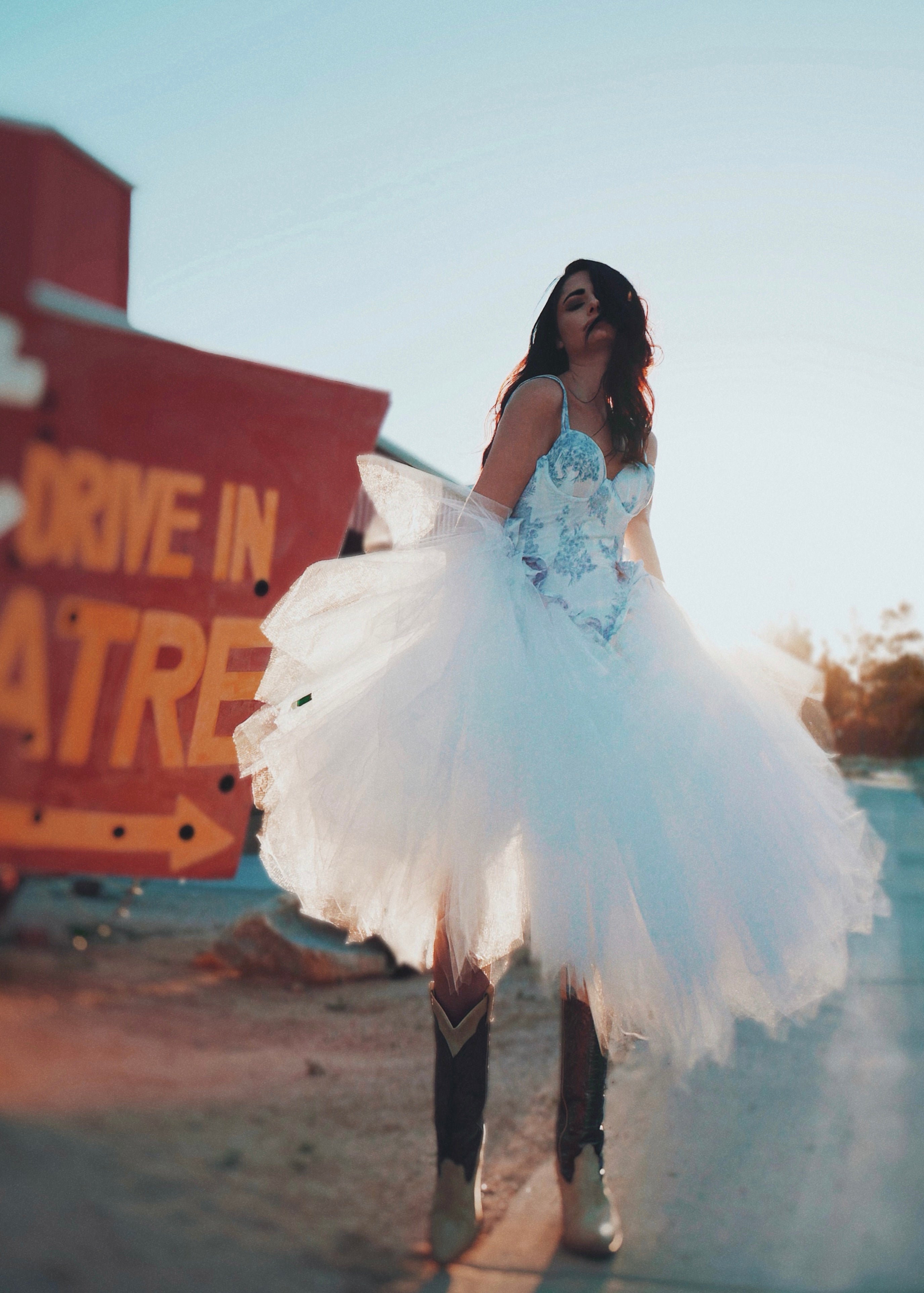 Lauren Elaine Provencia Boho Chic Blue Toile Wedding Dress + Detachable Mini Reception Dress