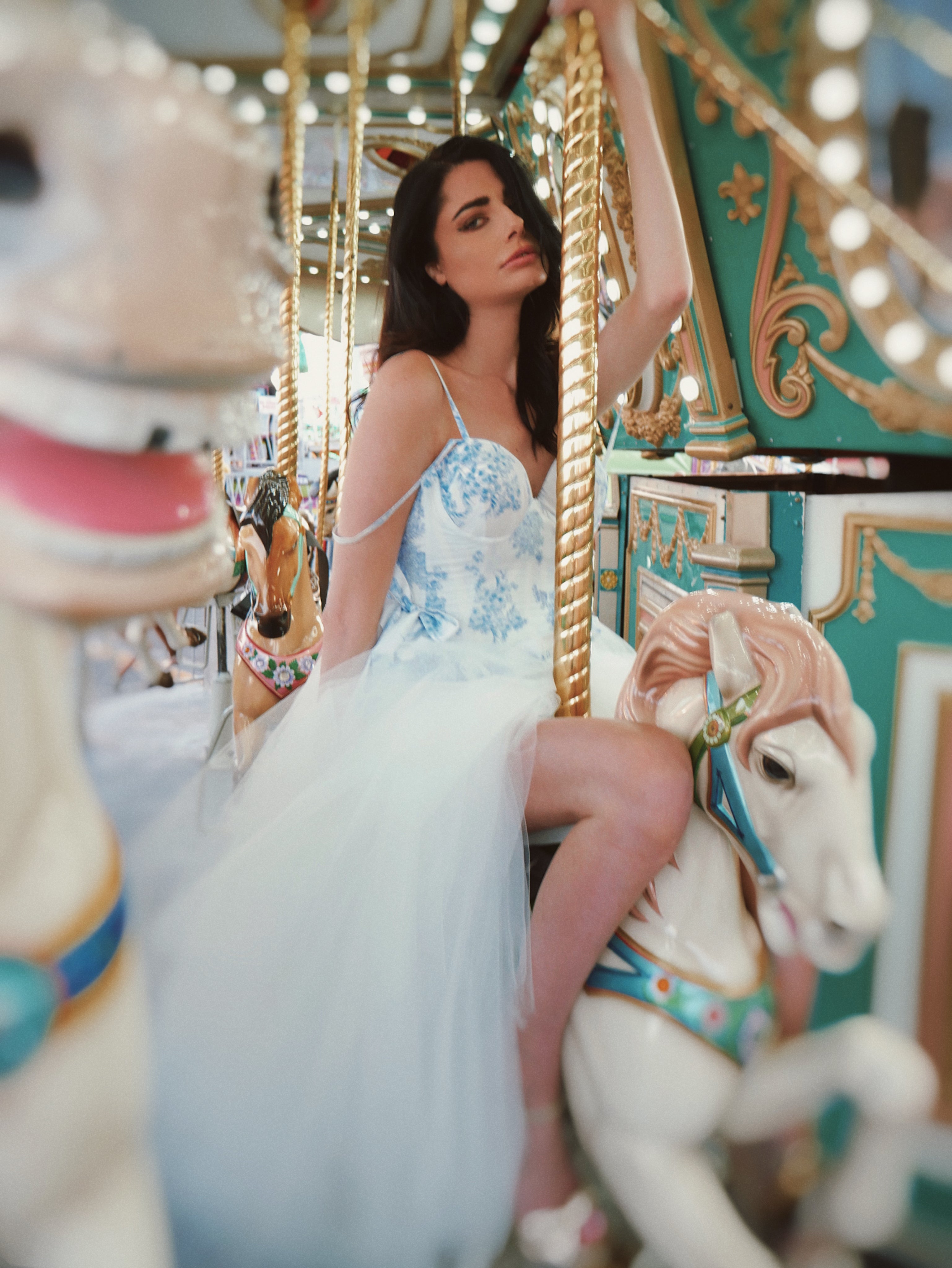 Lauren Elaine Provencia Boho Chic Blue Toile Wedding Dress with slit