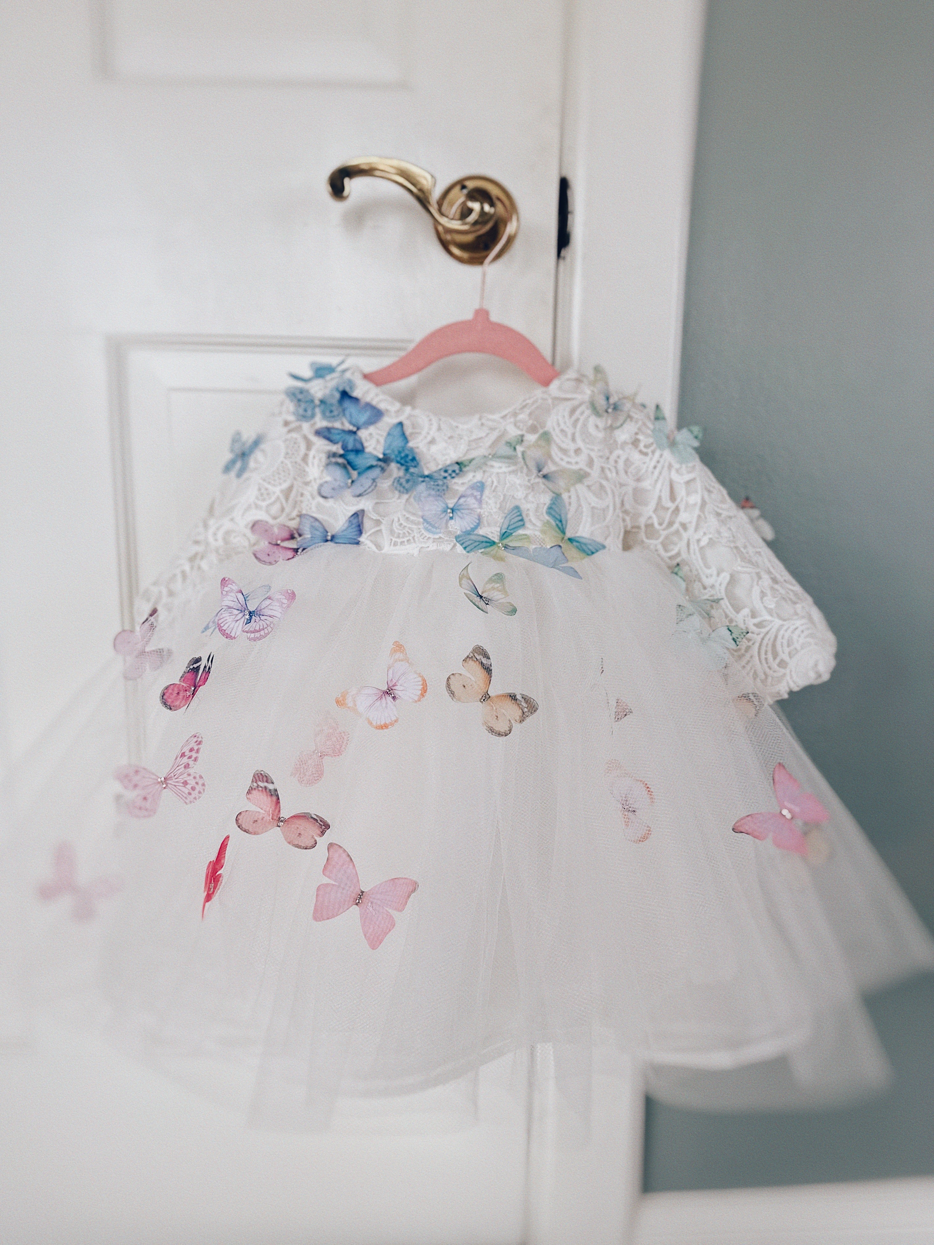 Lauren Elaine Rainbow Butterfly Bouquet Lace Ombré Flower Girl Dress
