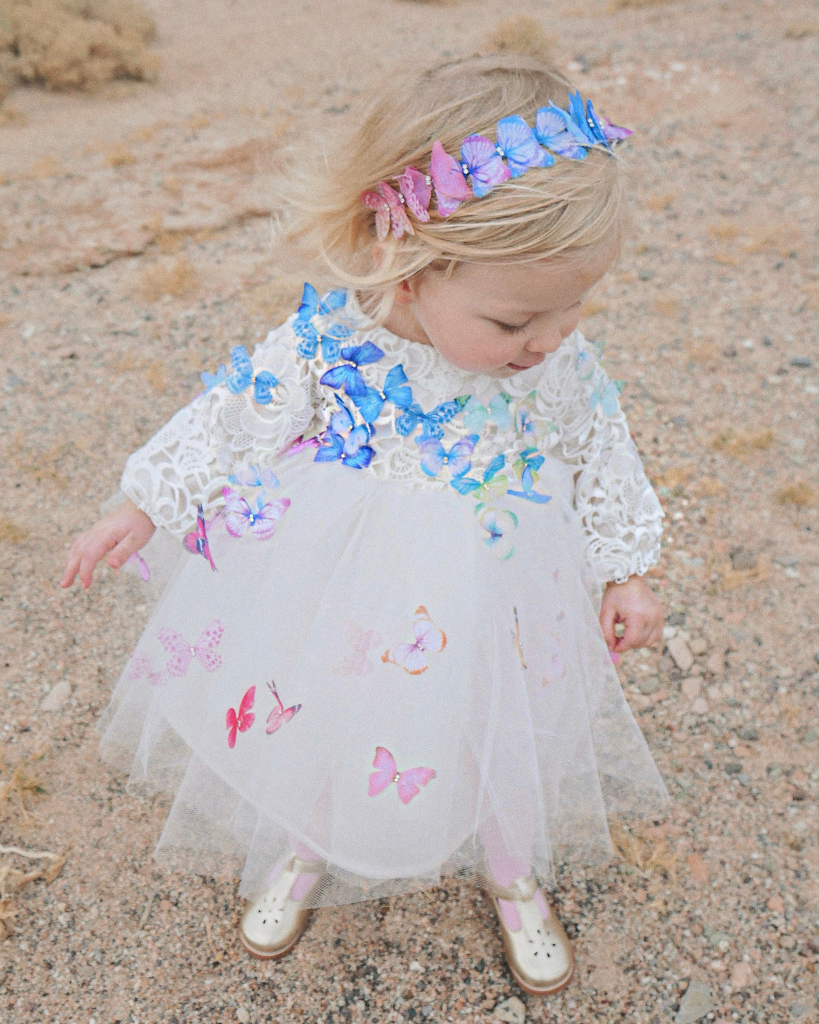 Lauren Elaine Rainbow Butterfly Bouquet Lace Ombré Flower Girl Dress