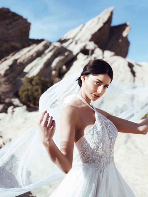 Lauren Elaine "Zephyr" beaded halter chiffon wedding gown with high slit and open back