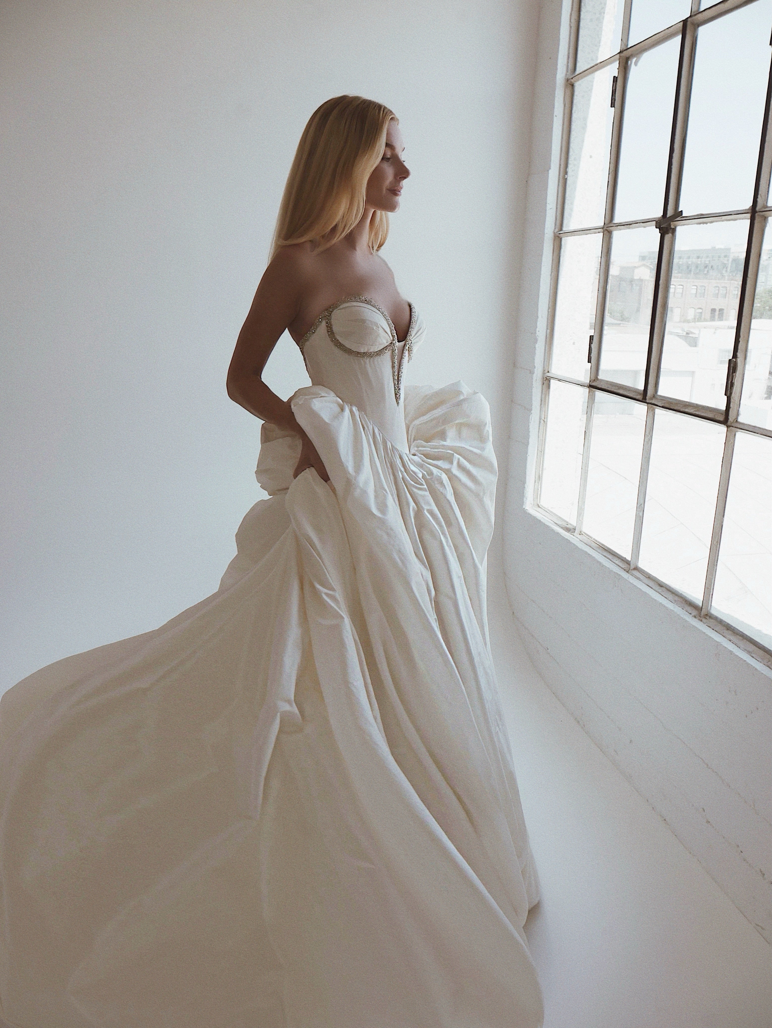 Lauren Elaine silk taffeta couture wedding gown in Los Angeles showroom