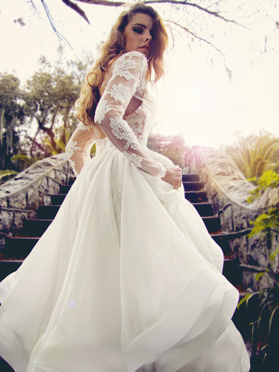 Lauren Elaine Elise Illusion Lace Sleeve Wedding Gown