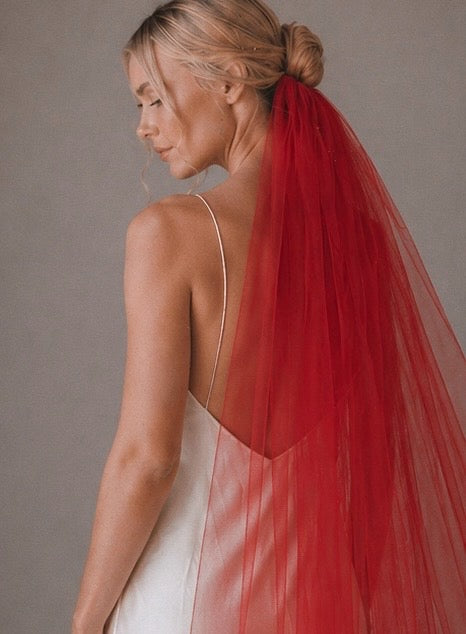red classic tulle wedding veil slim width close up sheer tulle gathered comb detail