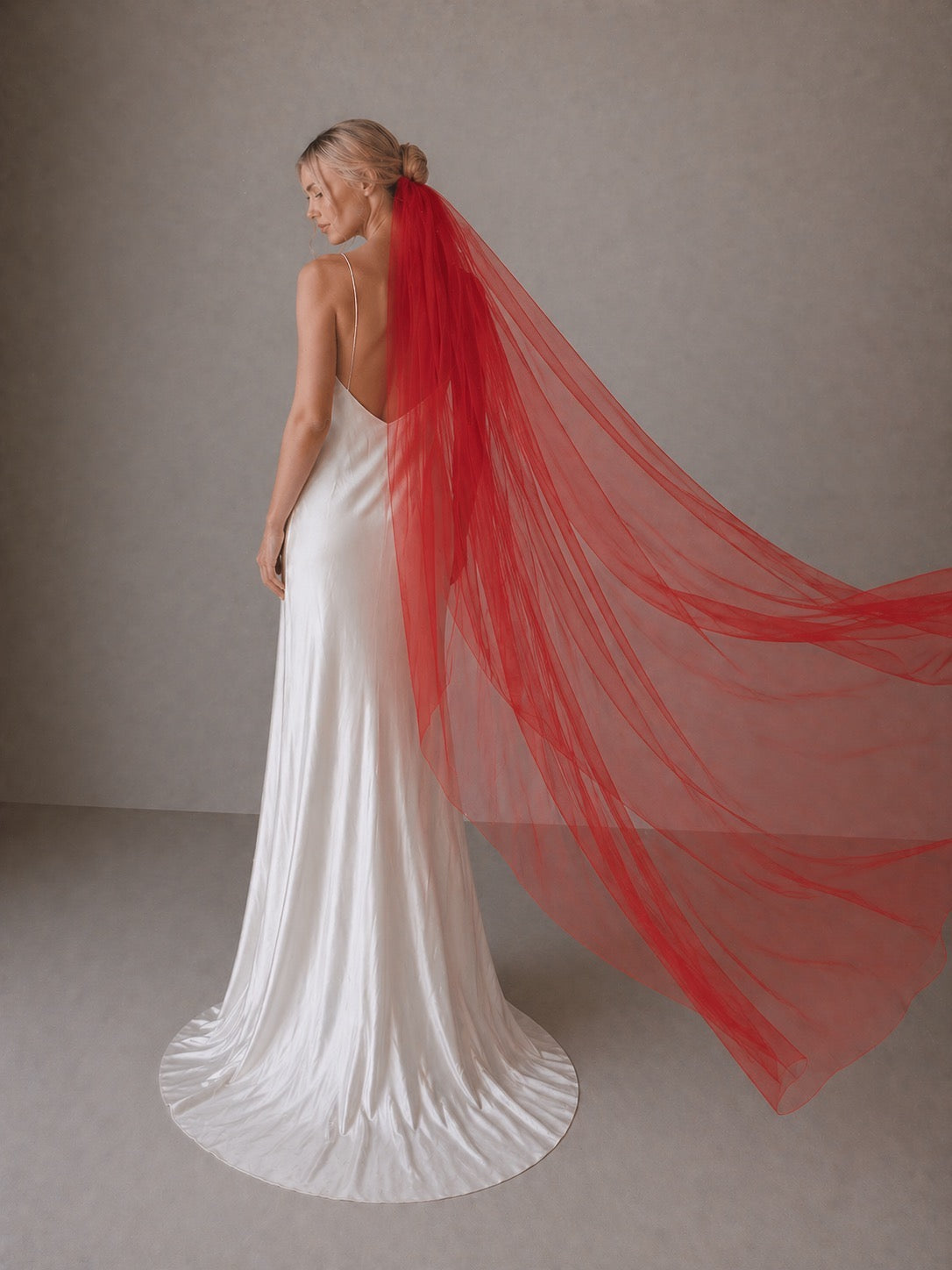 red classic tulle wedding veil slim width cathedral length flowing movement sheer bridal veil